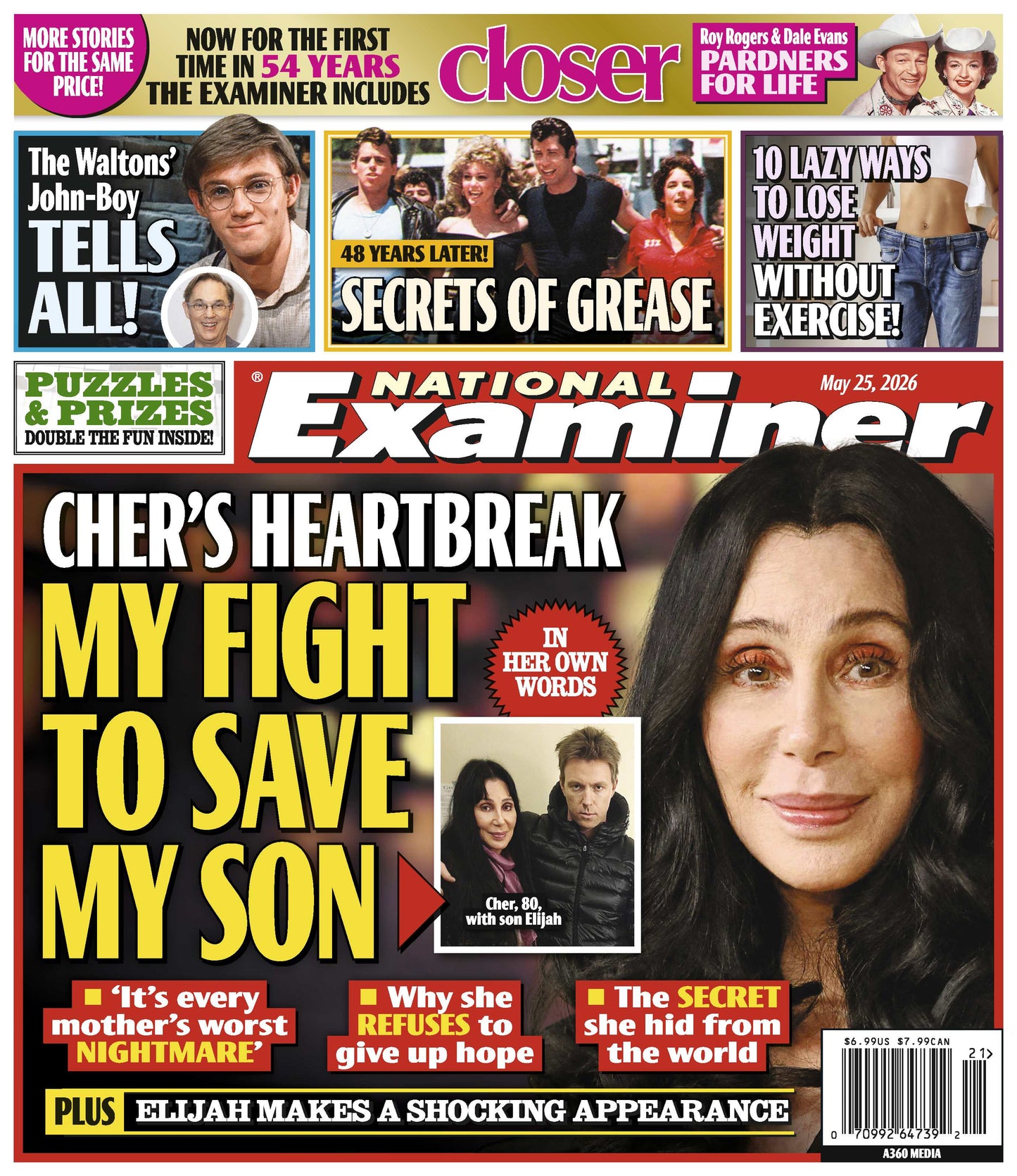National Examiner - 05.25.26: Cher's Heartbreak & Her Fight To Save Her Son, Lazy Ways To Lose Weight Without Exercise, Secrets Of Grease 48 Years Later, The Waltons' John-Boy Tells All & More!