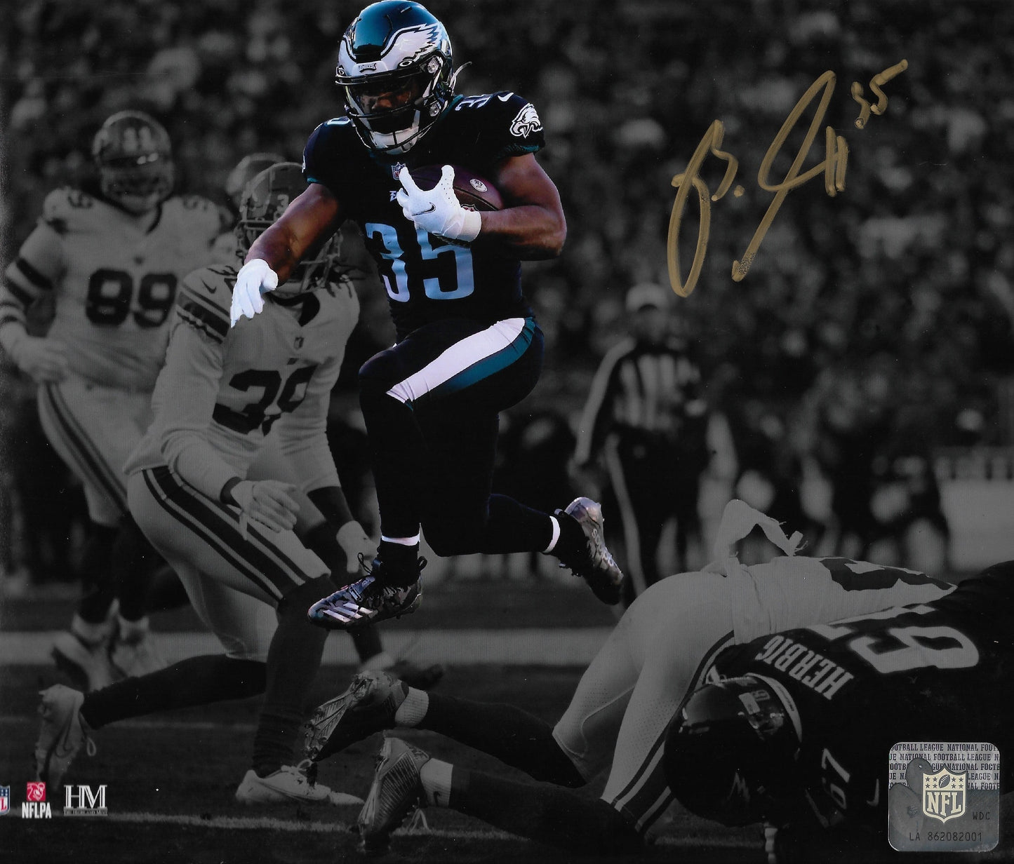 Boston Scott in Action Philadelphia Eagles Autographed Blackout Football Photo
