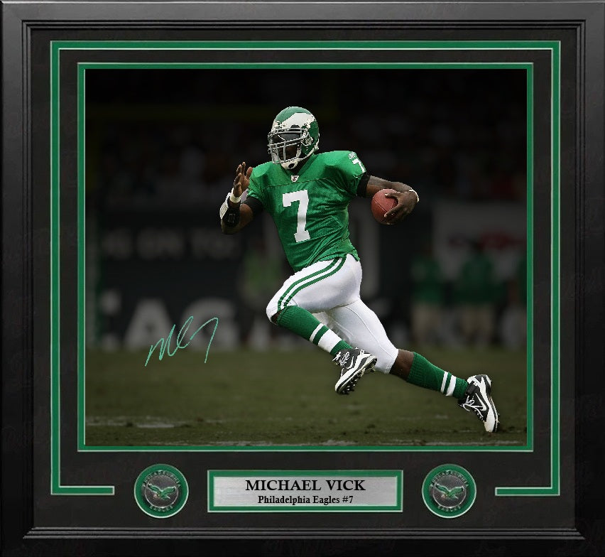 Michael Vick in Kelly Green Philadelphia Eagles Autographed Framed 16" x 20" Blackout Football Photo