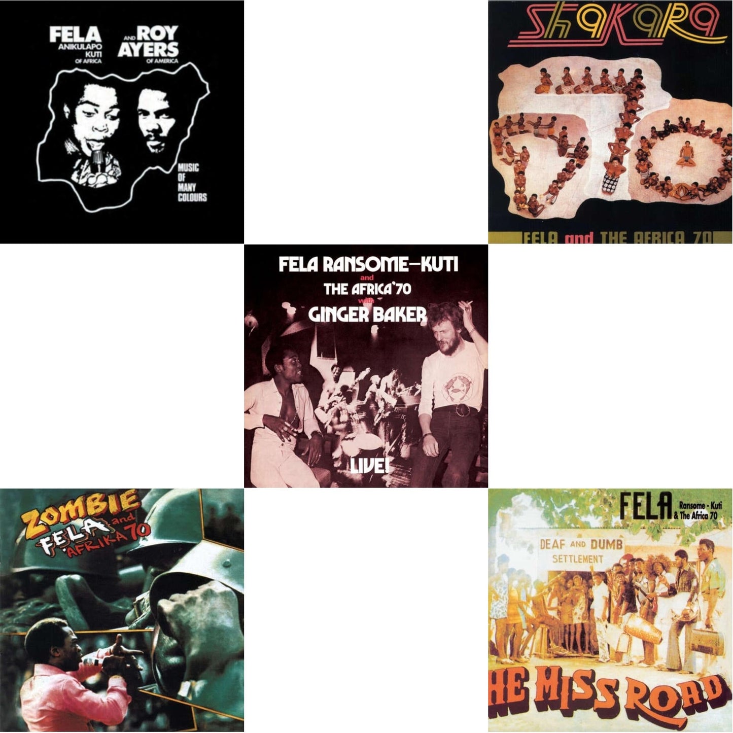 Fela Kuti - Music Of Many Colours & Zombie & Fela Live With Ginger Baker & Shakara & He Miss Road - LP Vinyl Bundle