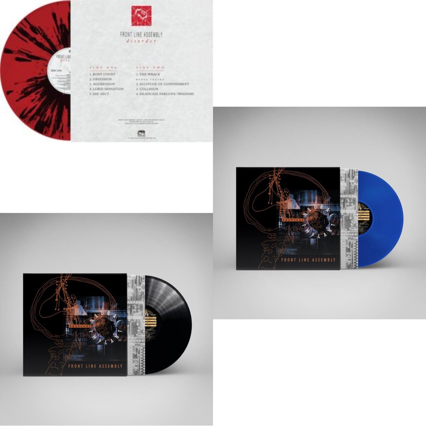 Front Line Assembly - Disorder (Red & Black Splatter LP Vinyl) & Tactical Neural Implant (Remastered) & Tactical Neural Implant (Electro Blue LP Vinyl)