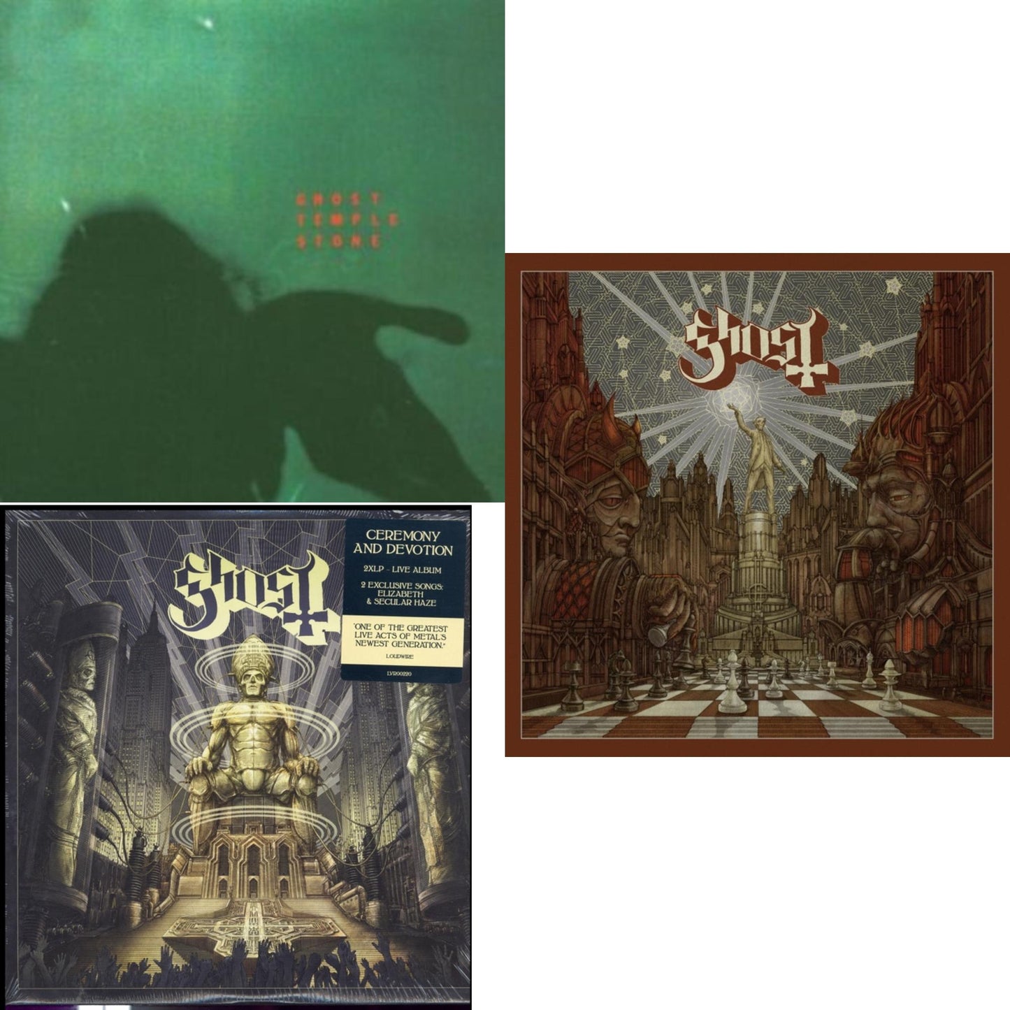 Ghost - Temple Stone (Clear Green LP Vinyl) & Ceremony & Devotion (2LP) & Popestar (Grey Smoke LP Vinyl)