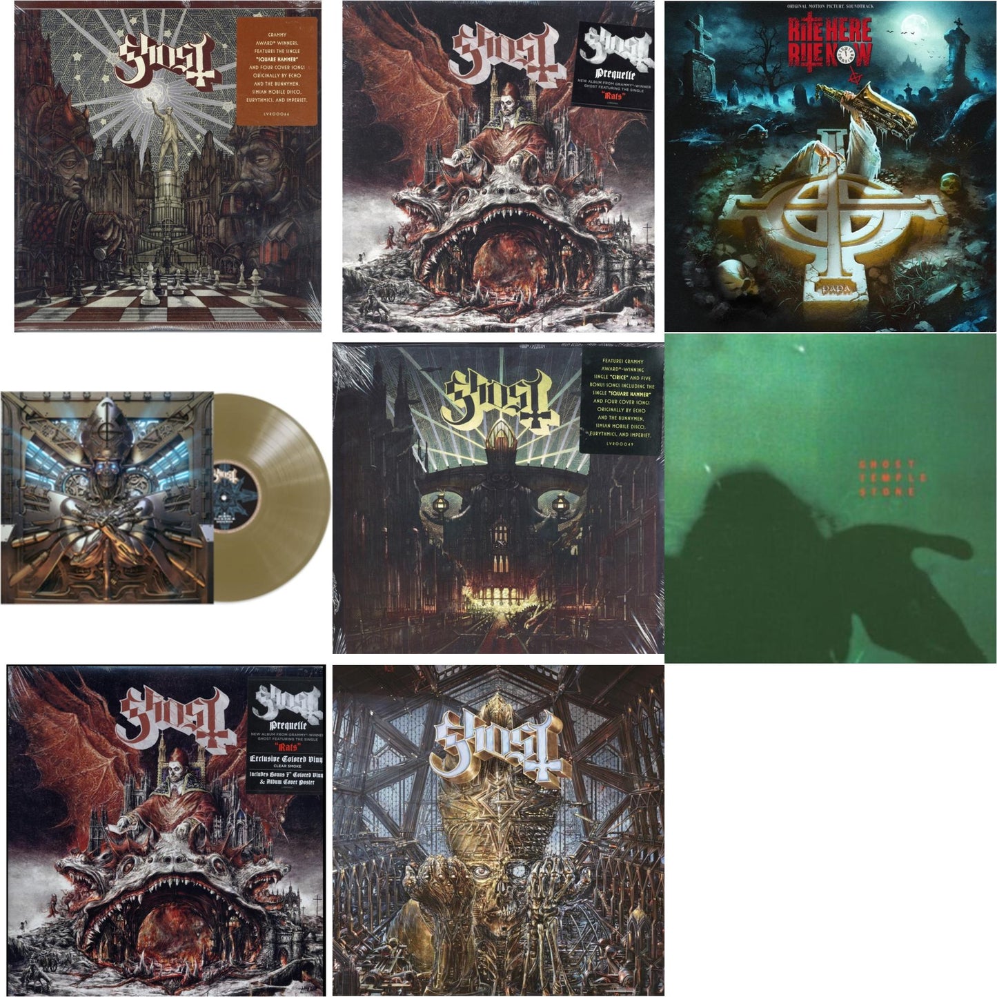 Ghost - Popestar & Prequelle (LP) & Rite Here Rite Now (Ost) (2LP) & Phantomime (Gold LP Vinyl) & Meliora (Deluxe Edition) & Temple Stone (Clear Green LP Vinyl) & Prequelle (LP/Clear Smoke 7 Inch) & Impera