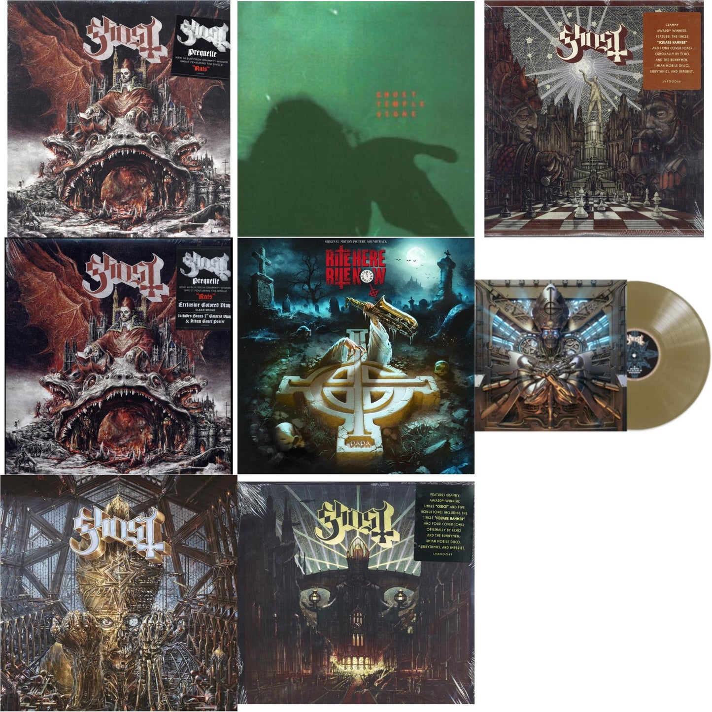 Ghost - Prequelle (LP) & Temple Stone (Clear Green LP Vinyl) & Popestar & Prequelle (LP/Clear Smoke 7 Inch) & Rite Here Rite Now (Ost) (2LP) & Phantomime (Gold LP Vinyl) & Impera & Meliora (Deluxe Edition)