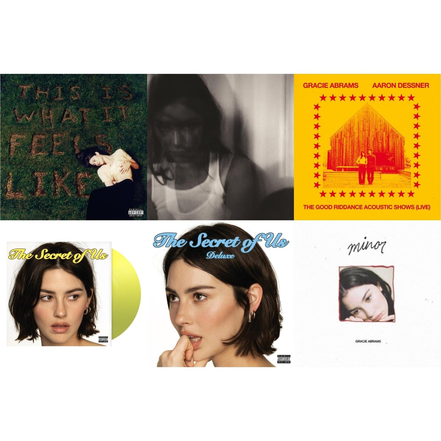 Gracie Abrams - This Is What It Feels Like (X) & Good Riddance (Deluxe/2LP) & Good Riddance Acoustic Shows (Live) (Magenta LP Vinyl) & Secret Of Us (X) (Yellow LP Vinyl) & Secret Of Us (Deluxe/Transparent Moonlight Vinyl/2LP) & Minor - Ep