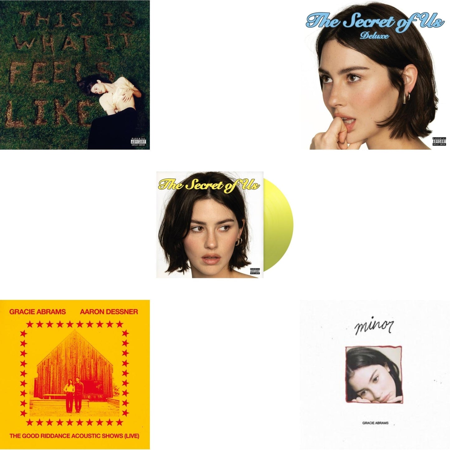 Gracie Abrams - This Is What It Feels Like (X) & Good Riddance Acoustic Shows (Live) (Magenta LP Vinyl) & Secret Of Us (X) (Yellow LP Vinyl) & Secret Of Us (Deluxe/Transparent Moonlight Vinyl/2LP) & Minor - Ep