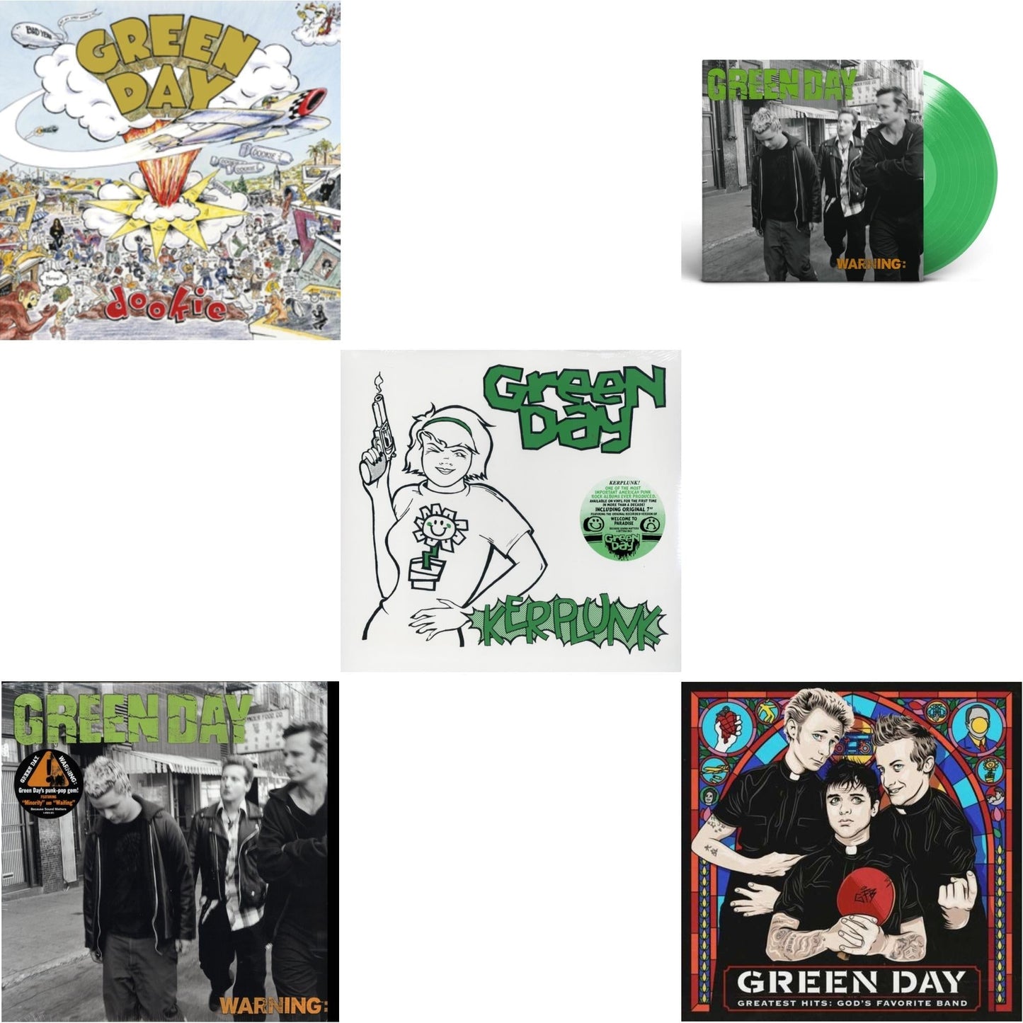 Green Day - Warning & Warning (Fluorescent Green LP Vinyl) & Greatest Hits: God's Favorite Band (X) & Kerplunk (120G/7Inch Single) & Dookie