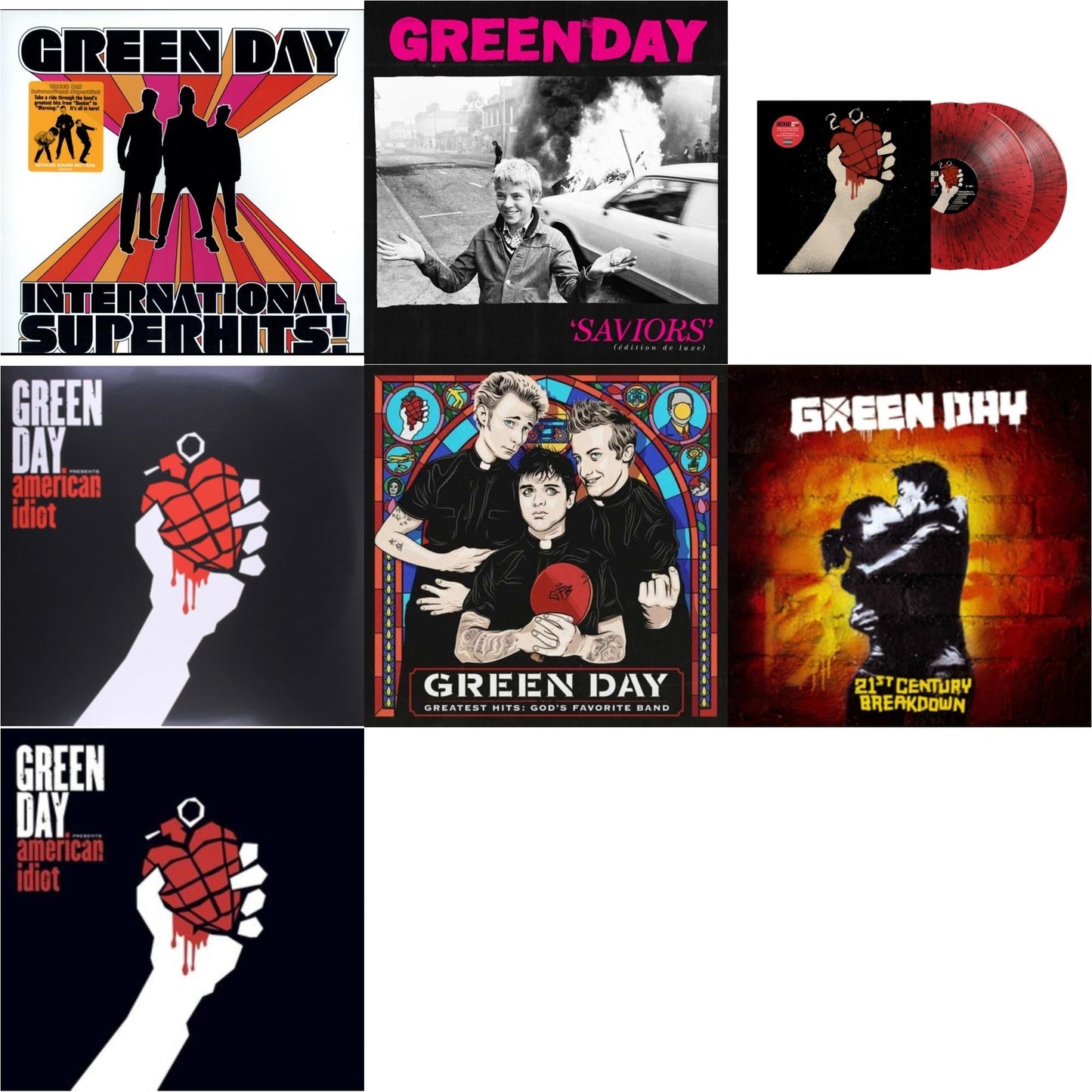 Green Day - International Superhits & Saviors (Edition De Luxe/2LP/Hot Pink W/ White Splatter Vinyl) & American Idiot (2LP/Red & Black Splatter Vinyl) & American Idiot & Greatest Hits: God's Favorite Band (X) & 21St Century Breakdown & American Idiot