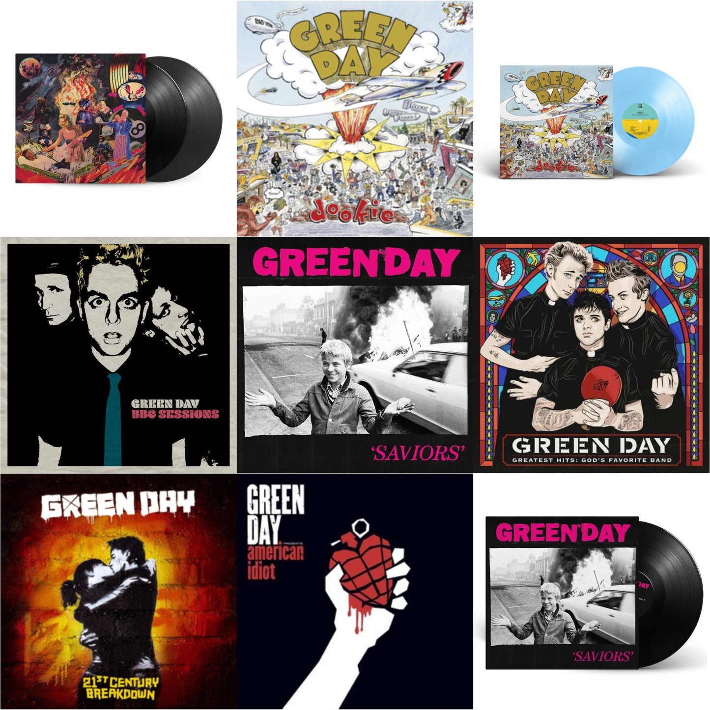 Green Day - Dookie (X) (Baby Blue LP Vinyl) & Saviors (180G/Deluxe LP Vinyl) & Saviors & Bbc Sessions (X) (2LP) & Insomniac (25Th Anniversary/2LP) & Greatest Hits: God's Favorite Band (X) & 21St Century Breakdown & American Idiot (W/Poster) & Dookie