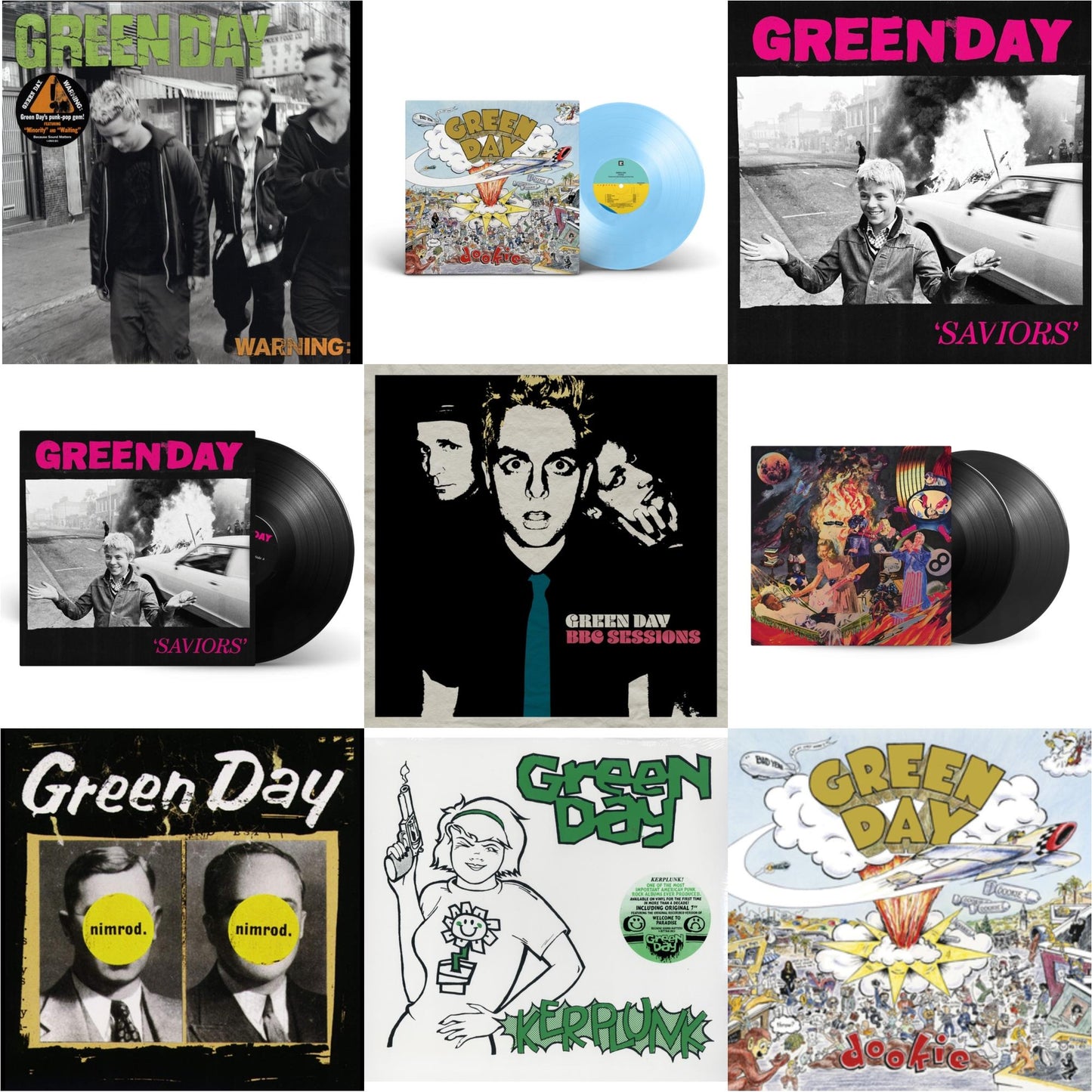 Green Day - Warning & Dookie (X) (Baby Blue LP Vinyl) & Saviors (180G/Deluxe LP Vinyl) & Saviors & Bbc Sessions (X) (2LP) & Insomniac (25Th Anniversary/2LP) & Nimrod & Kerplunk (120G/7Inch Single) & Dookie