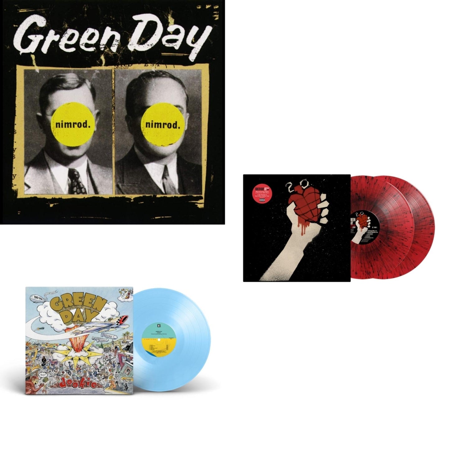 Green Day - Dookie (X) (Baby Blue LP Vinyl) & American Idiot (2LP/Red & Black Splatter Vinyl) & Nimrod