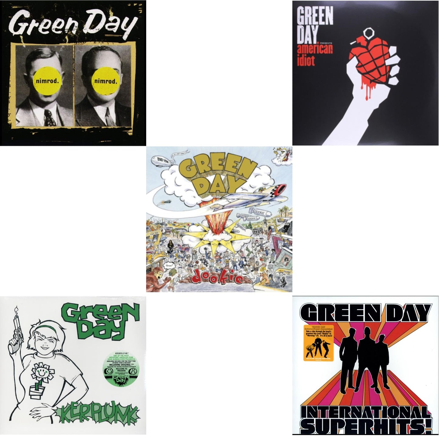 Green Day - International Superhits & American Idiot & Nimrod & Kerplunk (120G/7Inch Single) & Dookie - LP Vinyl Bundle