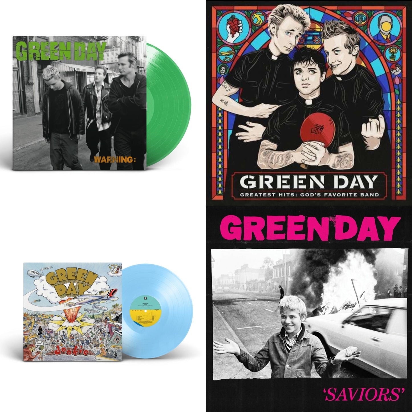 Green Day - Dookie (X) (Baby Blue LP Vinyl) & Warning (Fluorescent Green LP Vinyl) & Saviors (180G/Deluxe LP Vinyl) & Greatest Hits: God's Favorite Band (X)