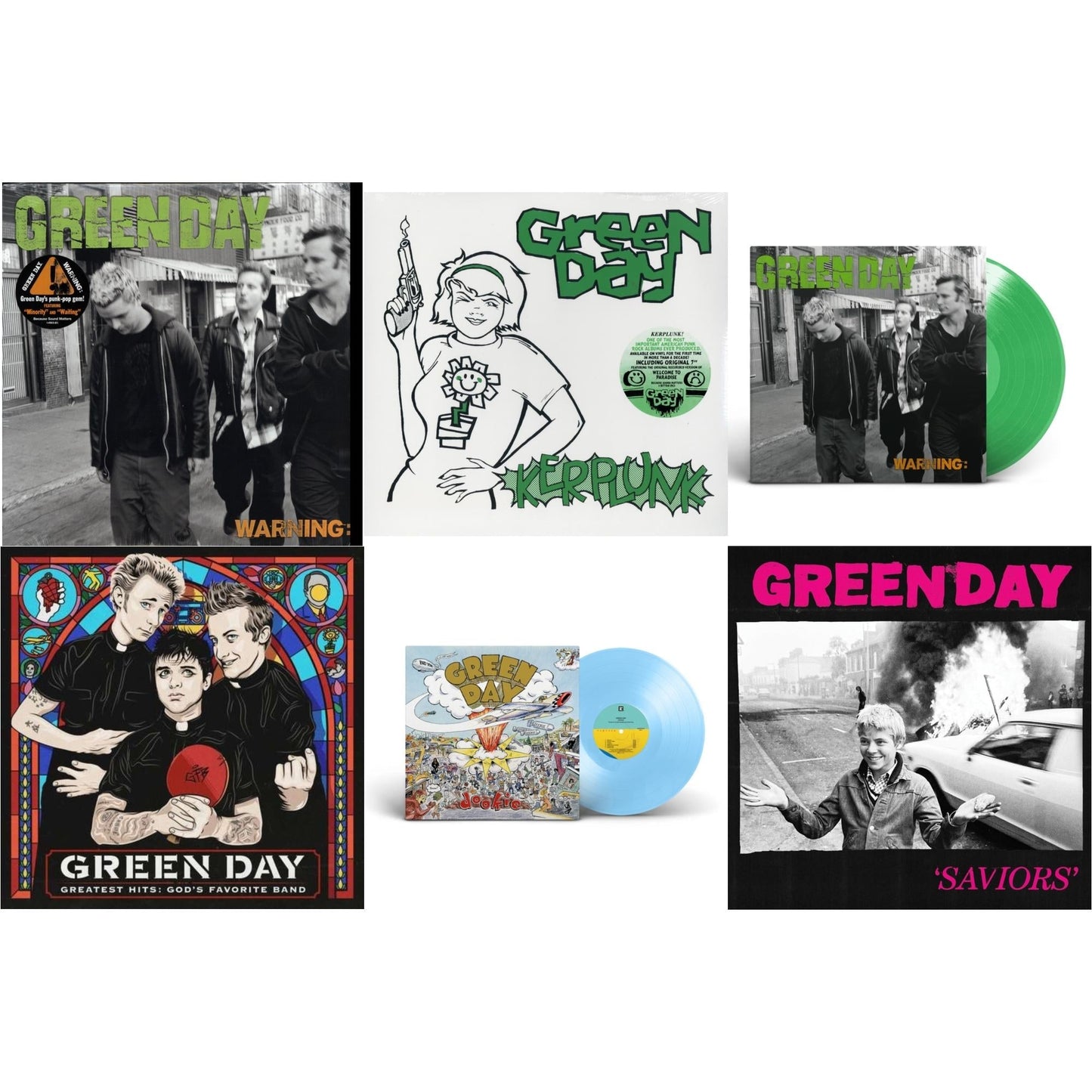 Green Day - Warning & Dookie (X) (Baby Blue LP Vinyl) & Warning (Fluorescent Green LP Vinyl) & Saviors (180G/Deluxe LP Vinyl) & Greatest Hits: God's Favorite Band (X) & Kerplunk (120G/7Inch Single)