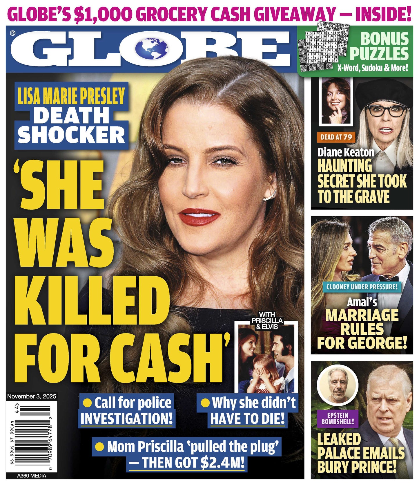 Globe - 11.03.25: Lisa Marie Presley Death Conspiracy & Mystery, Diane Keaton’s Hidden Secrets, Amal & George Clooney’s Marriage Rules, Prince Andrew’s Leaked Emails To Jeffrey Epstein & More!