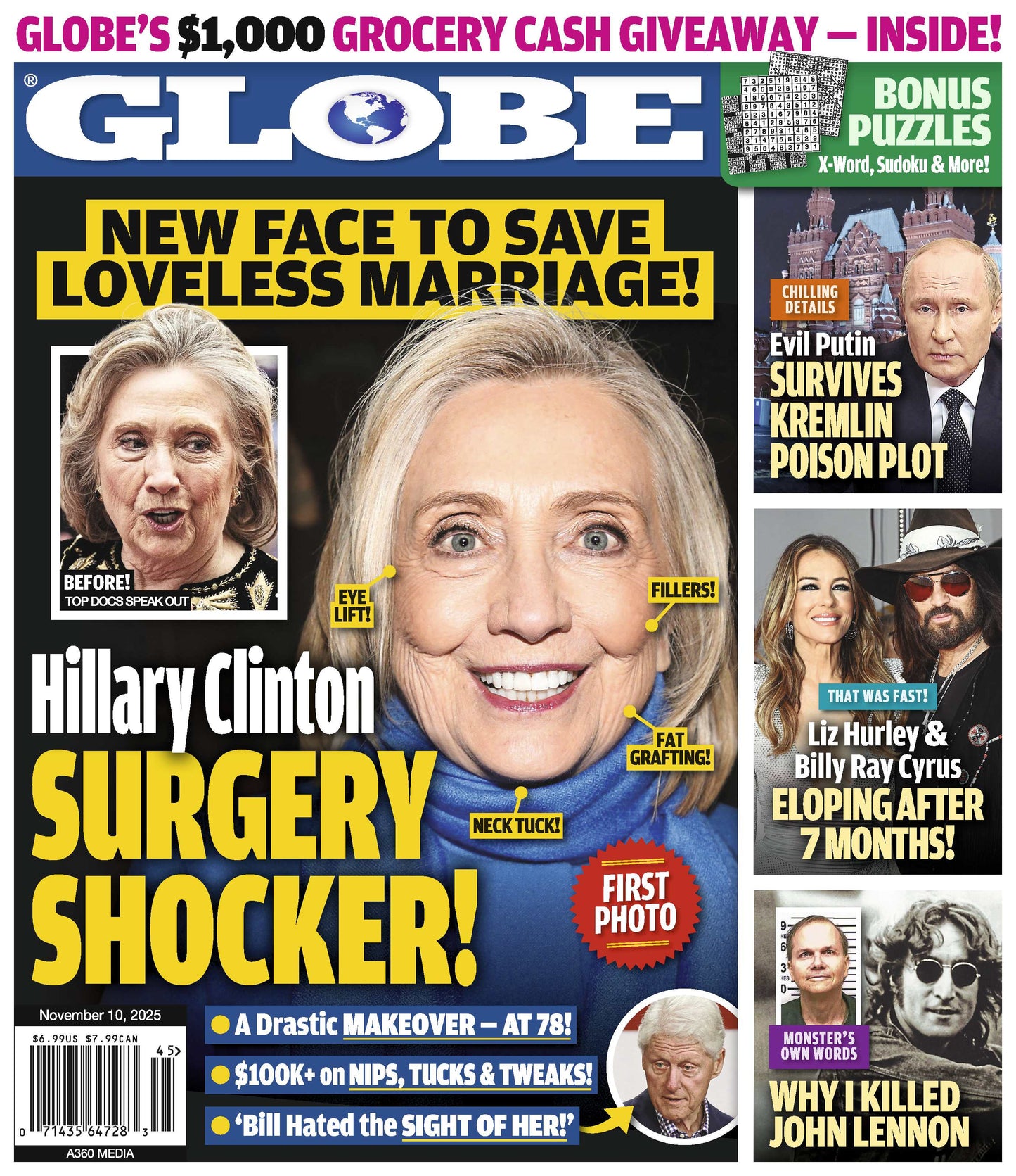 Globe - 11.10.25: Hillary Clinton’s Secret Surgery Amid Image Crisis, Liz Hurley & Billy Ray Cyrus’s Surprise Elopement, Putin Survives Kremlin Poison Plot, Truth Behind John Lennon’s Killer & More!
