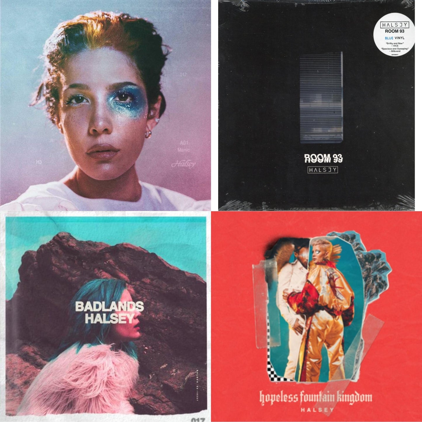 Halsey - Manic (Pa) & Room 93 & Badlands (Pink LP Vinyl) & Hopeless Fountain Kingdom (Cloudy Clear With Teal Splatter LP Vinyl)