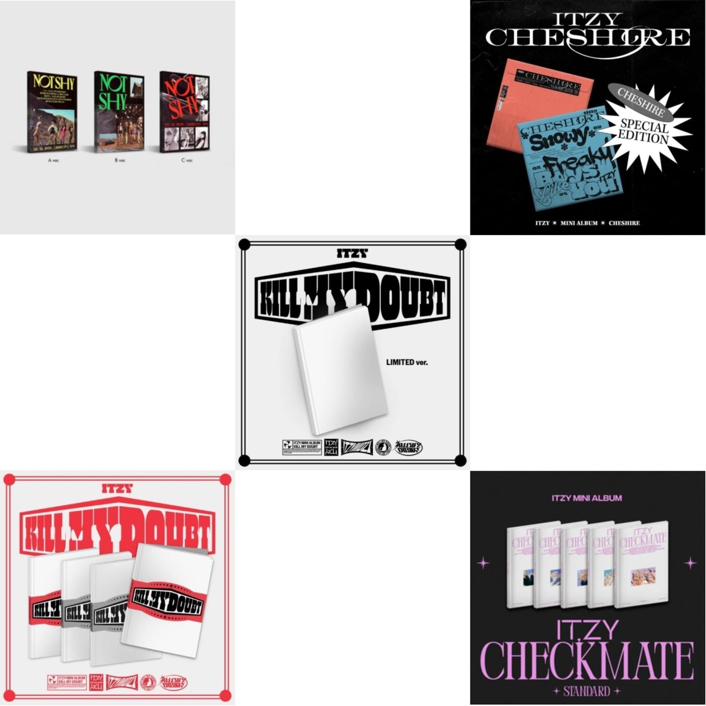 Itzy - Not Shy & Kill My Doubt (Standard) & Kill My Doubt (Limited Edition) & Cheshire Special Edition (Special Edition) & Checkmate (Standard Edition) - CD Bundle