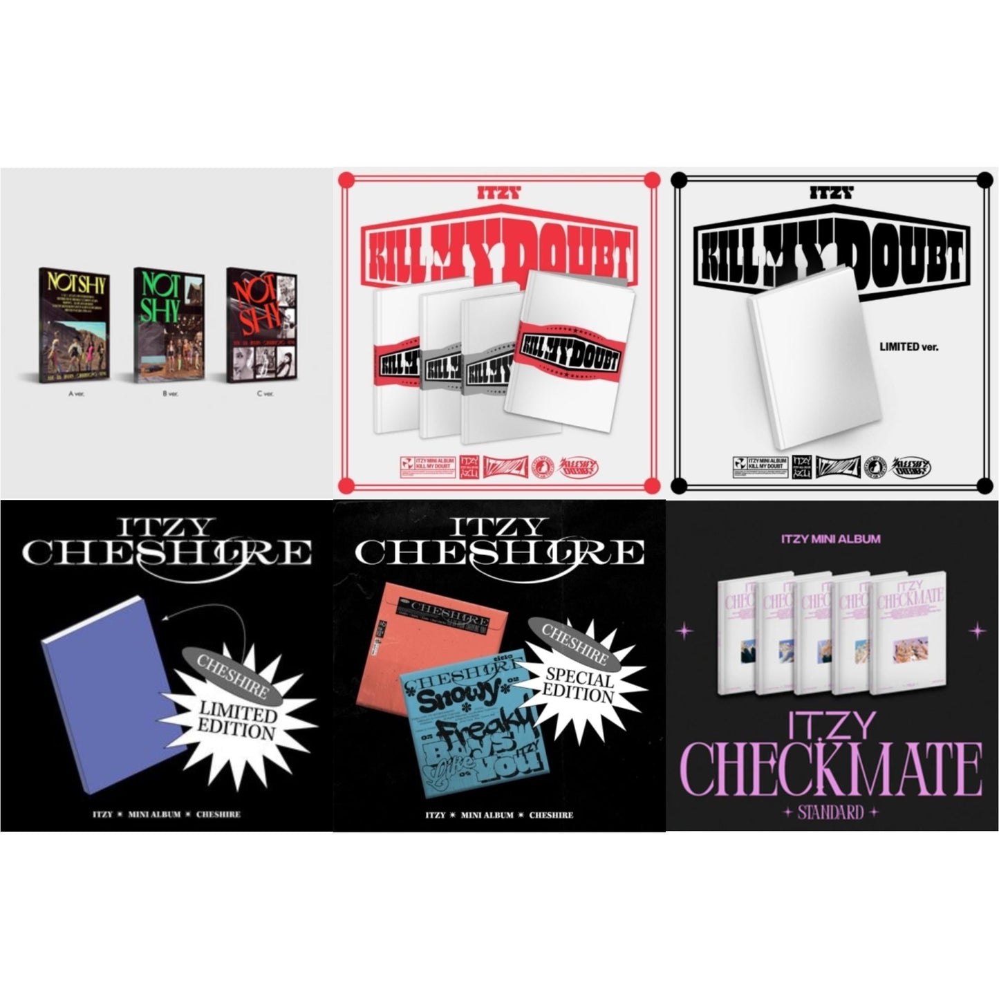 Itzy - Not Shy & Kill My Doubt (Standard) & Kill My Doubt (Limited Edition) & Cheshire (Limited Edition) & Cheshire Special Edition (Special Edition) & Checkmate (Standard Edition) - CD Bundle