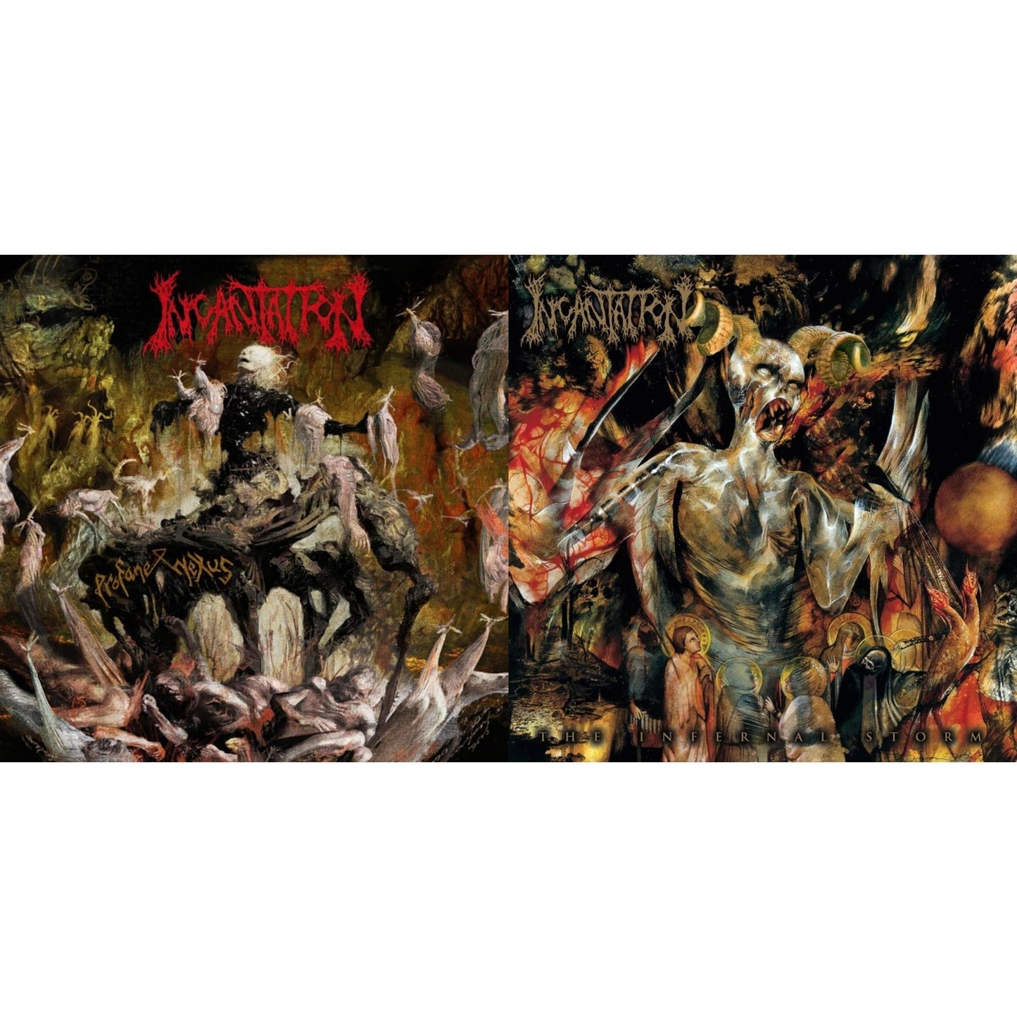 Incantation - Profane Nexus (Swamp Green With Red, White & Black Splatter LP Vinyl) & Infernal Storm (Translucent Gold With Swamp Green, Red & White Splatter LP Vinyl)