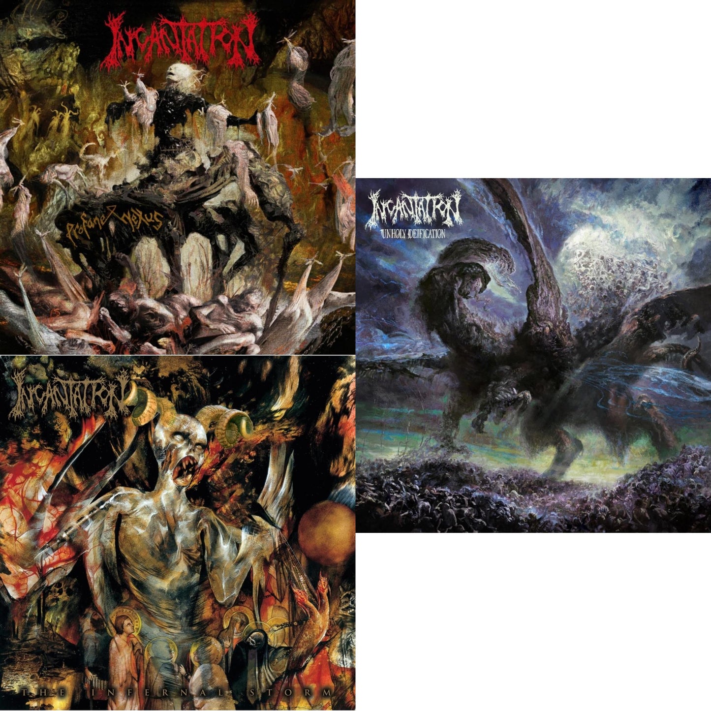 Incantation - Profane Nexus (Swamp Green With Red, White & Black Splatter LP Vinyl) & Infernal Storm (Translucent Gold With Swamp Green, Red & White Splatter LP Vinyl) & Unholy Deification (Deep Purple LP Vinyl)