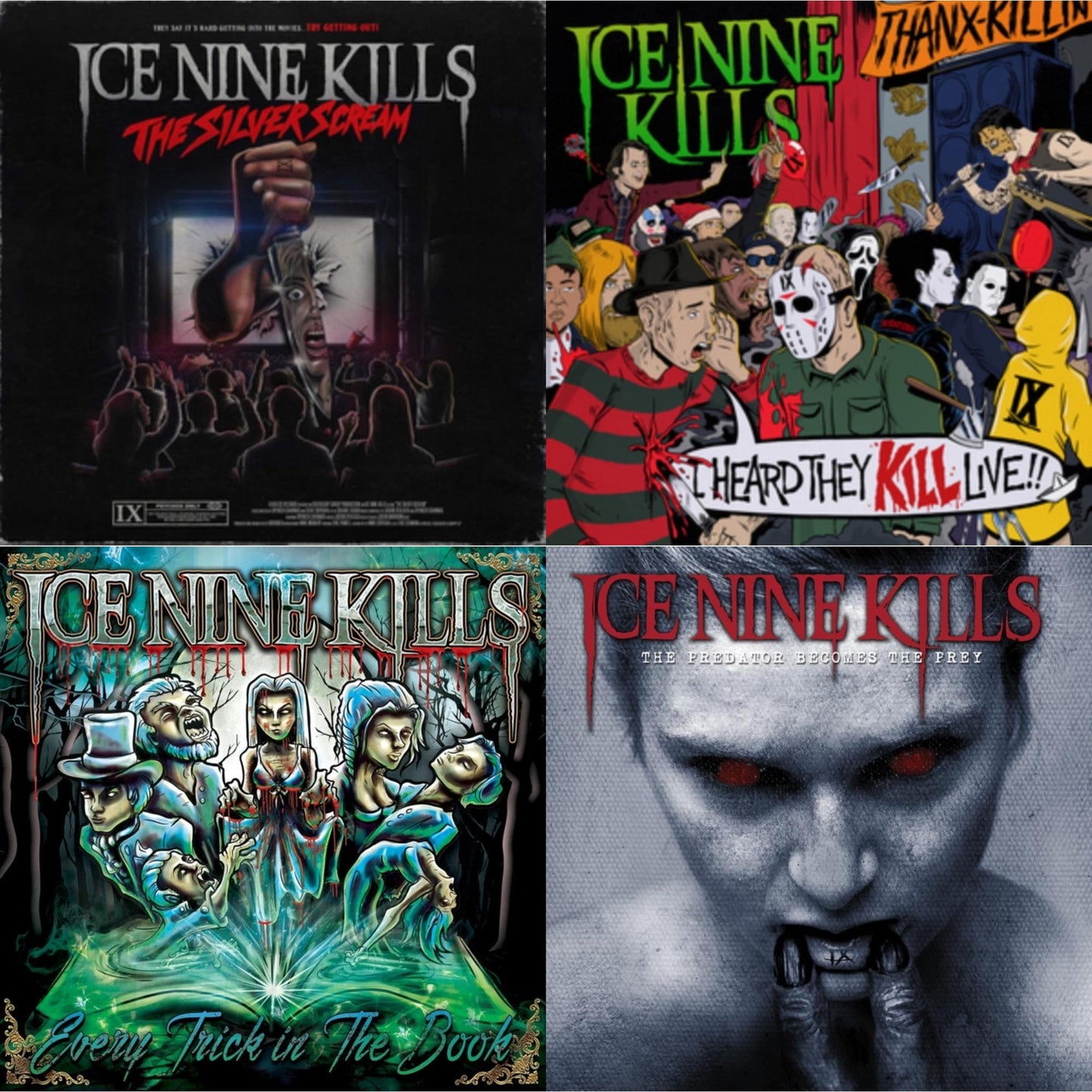 Ice Nine Kills - Silver Scream (Translucent Bloodshot) & I Heard They Kill Live (2LP/Neon Green Marble Vinyl) & Every Trick In The Book & Predator Becomes The Prey (Translucent Blue LP Vinyl)
