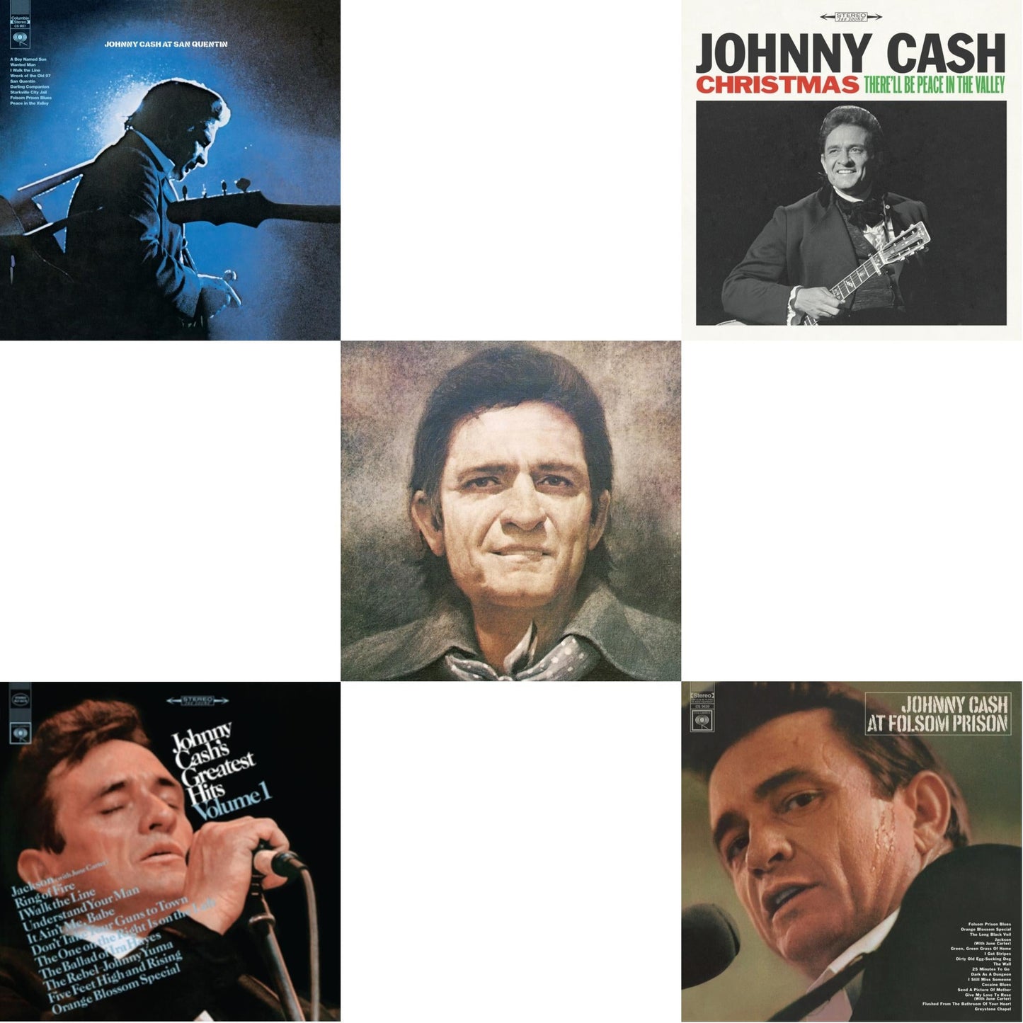 Johnny Cash - At Folsom Prison & At San Quentin & Greatest Hits, Volume 1 & Johnny Cash Collection: His Greatest Hits, Volume 2 & Christmas: There'll Be Peace In The Valley - LP Vinyl Bundle