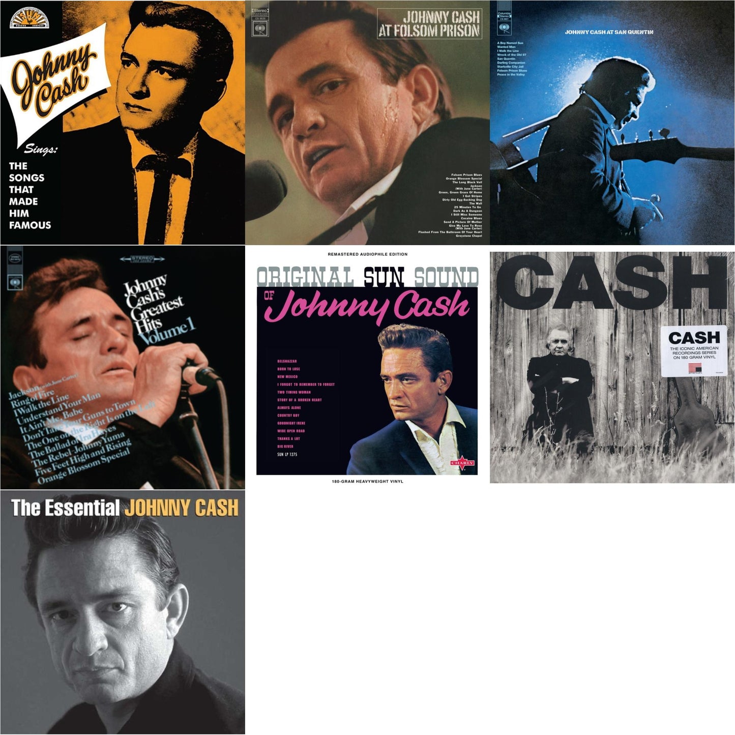 Johnny Cash - Sings The Songs That Made Him Famous (Remastered 2023) (Tangerine LP Vinyl) & At Folsom Prison & At San Quentin & Greatest Hits, Volume 1 & Original Sun Sound Of Johnny Cash & American Ii: Unchained (180G) & Essential Johnny Cash