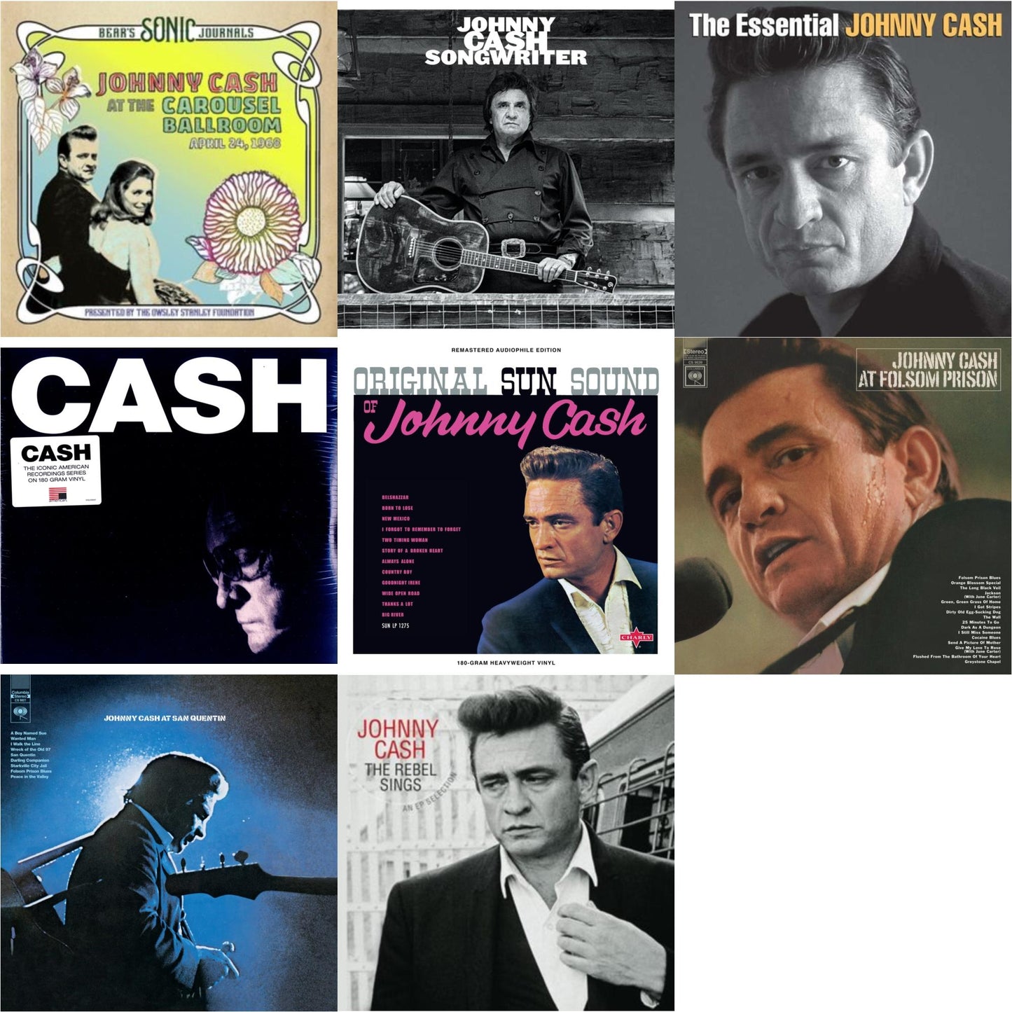 Johnny Cash - At Folsom Prison & At San Quentin & Bear's Sonic Journals: Johnny Cash, At The Carousel Ballroom, April 24, 1968 (2LP) & Original Sun Sound Of Johnny Cash & Songwriter & American Iv: The Man Comes Around & Rebel Sings (Crystal Clear &