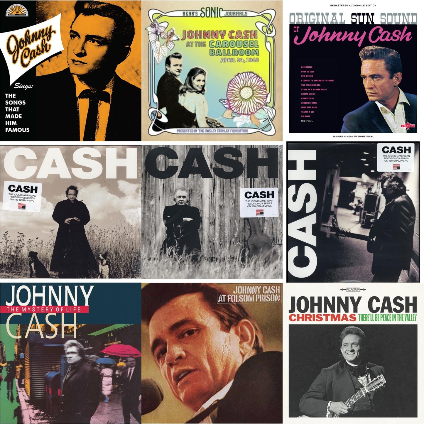 Johnny Cash - Sings The Songs That Made Him Famous (Remastered 2023) (Tangerine LP Vinyl) & Bear's Sonic Journals: Johnny Cash, At The Carousel Ballroom, April 24, 1968 (2LP) & Original Sun Sound Of Johnny Cash & American Recordings & American Ii: