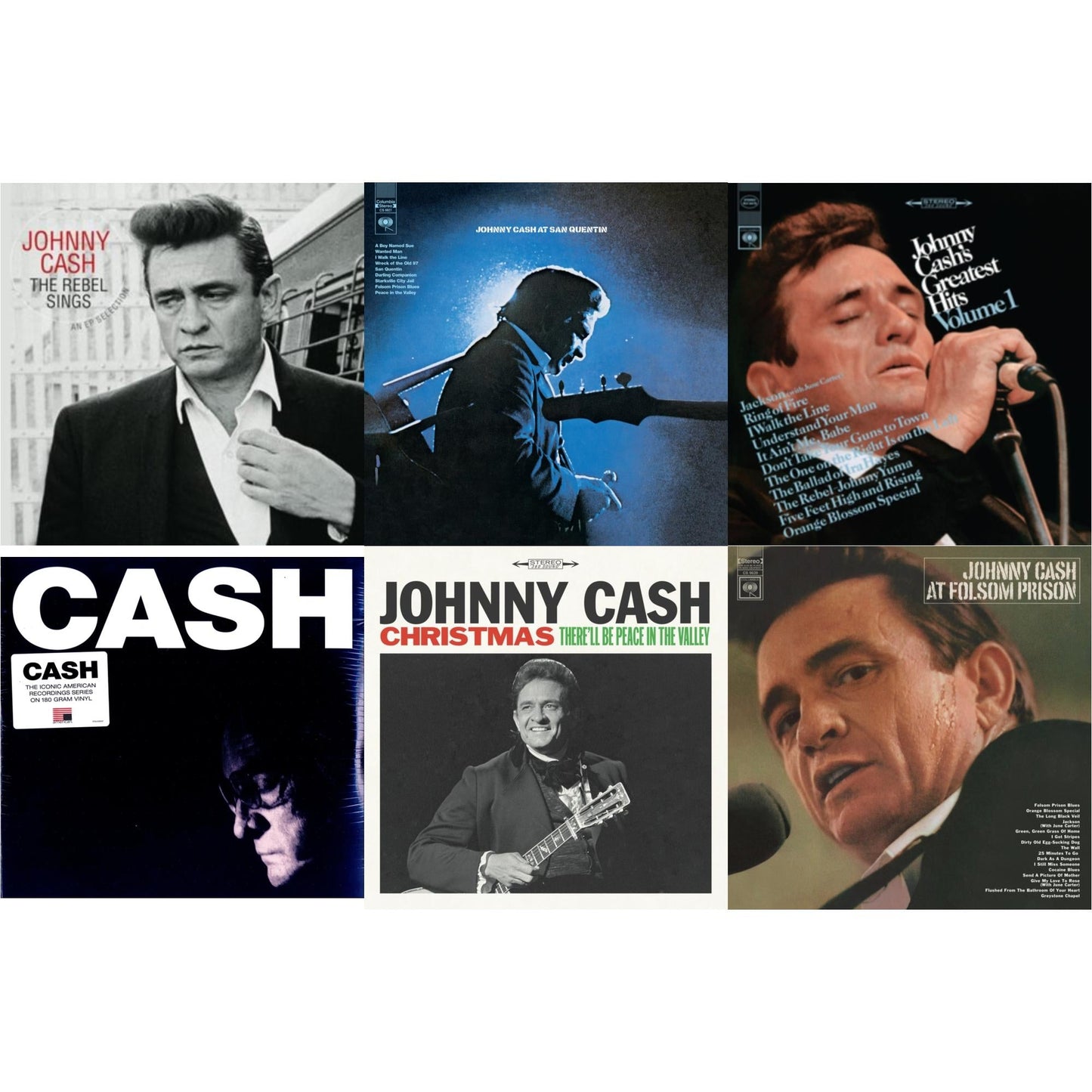 Johnny Cash - At Folsom Prison & At San Quentin & Greatest Hits, Volume 1 & American Iv: The Man Comes Around & Rebel Sings (Crystal Clear & Solid Silver LP Vinyl) & Christmas: There'll Be Peace In The Valley