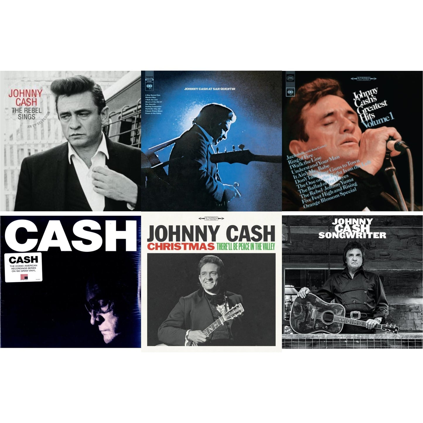 Johnny Cash - At San Quentin & Greatest Hits, Volume 1 & Songwriter & American Iv: The Man Comes Around & Rebel Sings (Crystal Clear & Solid Silver LP Vinyl) & Christmas: There'll Be Peace In The Valley