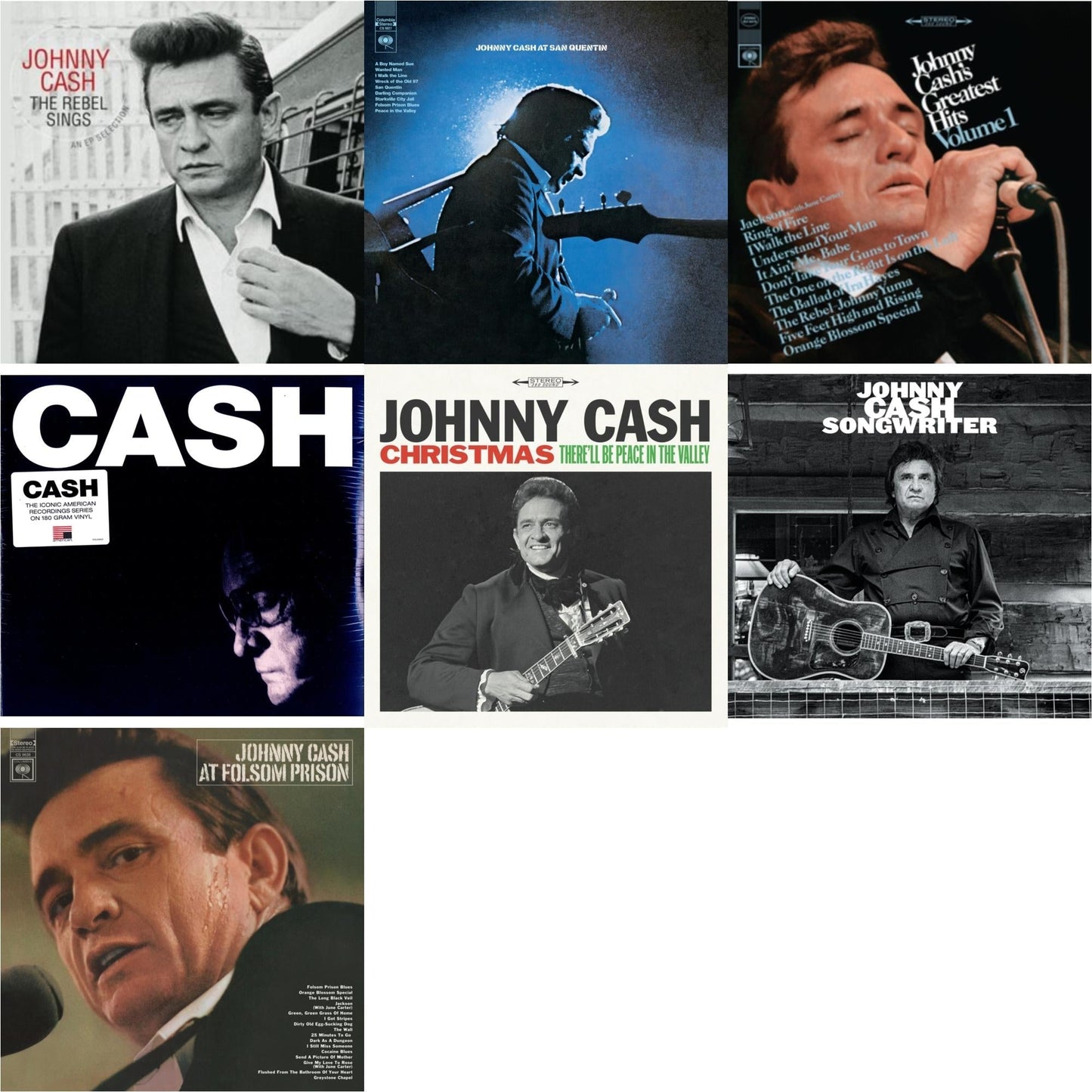 Johnny Cash - At Folsom Prison & At San Quentin & Greatest Hits, Volume 1 & Songwriter & American Iv: The Man Comes Around & Rebel Sings (Crystal Clear & Solid Silver LP Vinyl) & Christmas: There'll Be Peace In The Valley