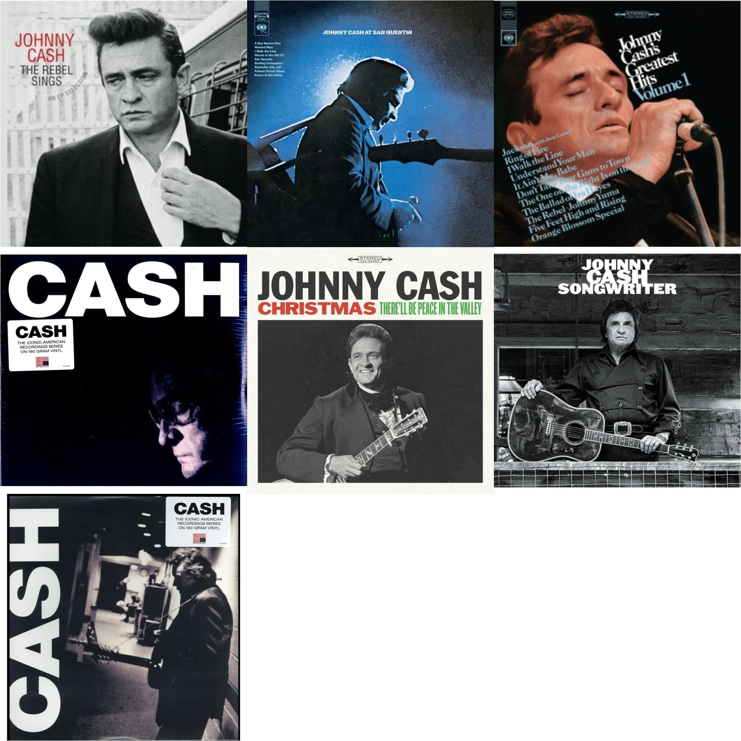 Johnny Cash - At San Quentin & Greatest Hits, Volume 1 & Songwriter & American Iii: Soitary Man & American Iv: The Man Comes Around & Rebel Sings (Crystal Clear & Solid Silver LP Vinyl) & Christmas: There'll Be Peace In The Valley