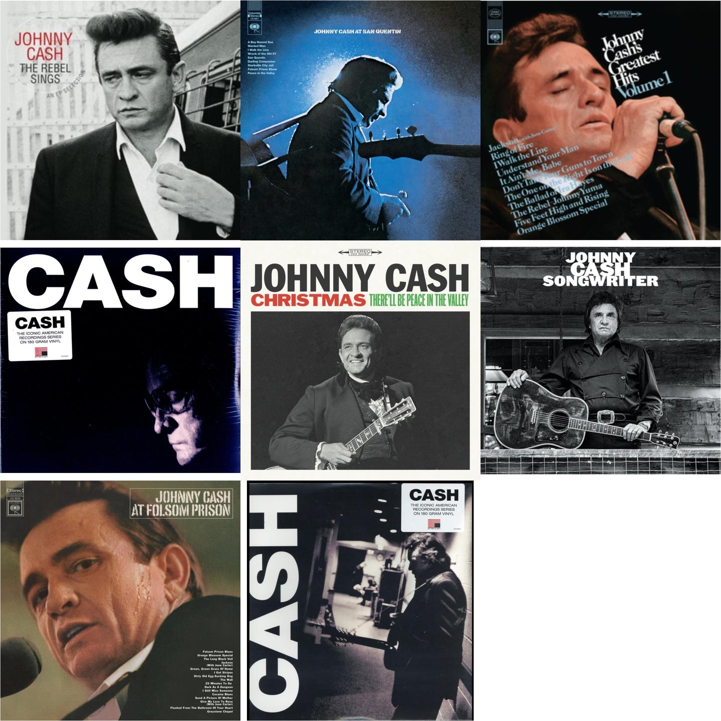 Johnny Cash - At Folsom Prison & At San Quentin & Greatest Hits, Volume 1 & Songwriter & American Iii: Soitary Man & American Iv: The Man Comes Around & Rebel Sings (Crystal Clear & Solid Silver LP Vinyl) & Christmas: There'll Be Peace In The Valley