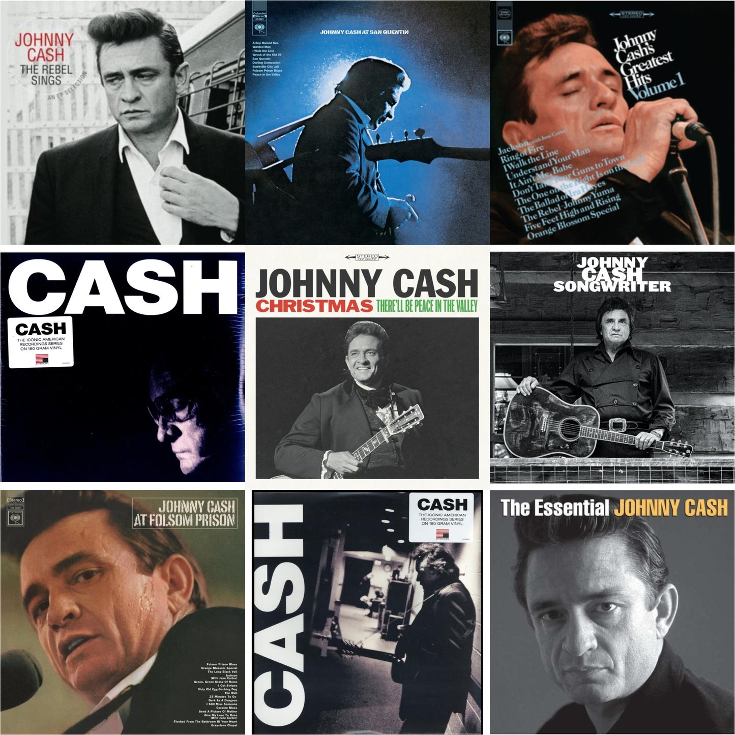 Johnny Cash - At Folsom Prison & At San Quentin & Greatest Hits, Volume 1 & Songwriter & American Iii: Soitary Man & American Iv: The Man Comes Around & Rebel Sings (Crystal Clear & Solid Silver LP Vinyl) & Essential Johnny Cash & Christmas: There'll