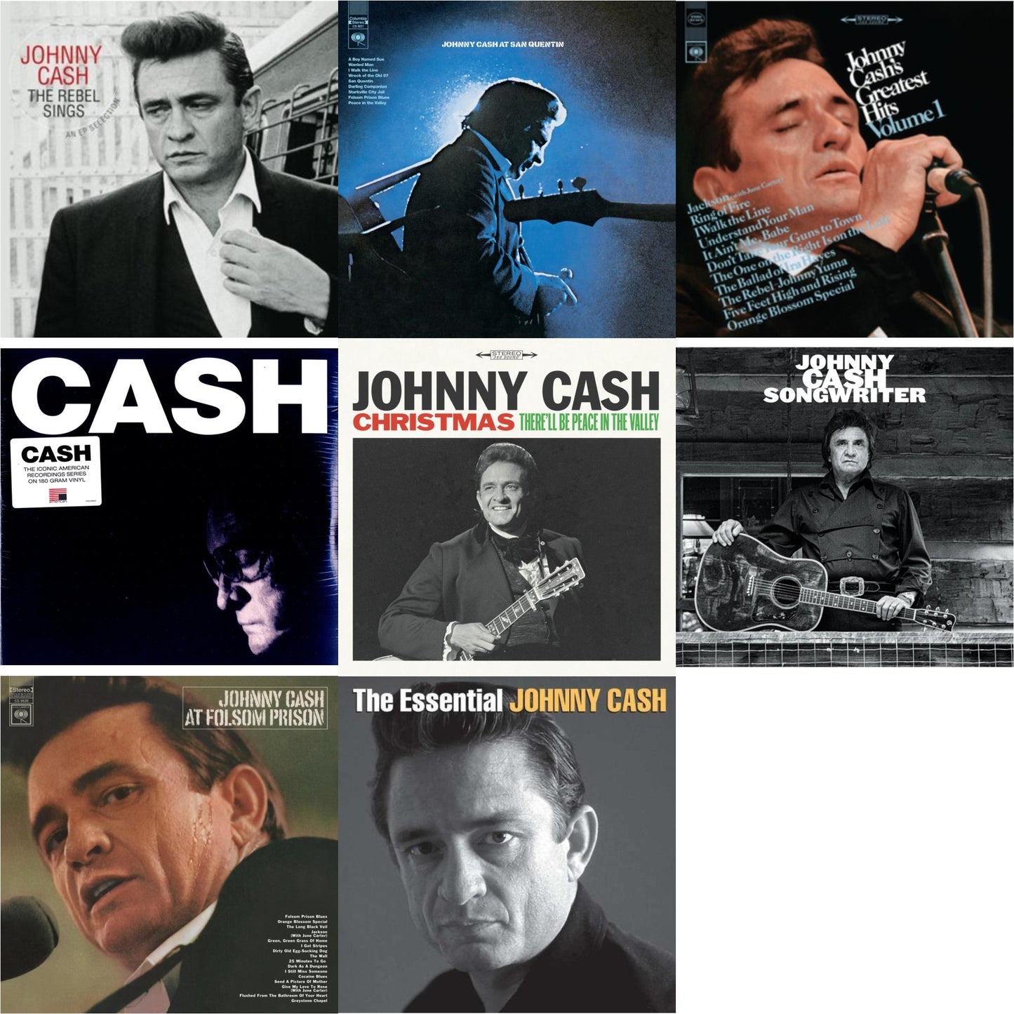 Johnny Cash - At Folsom Prison & At San Quentin & Greatest Hits, Volume 1 & Songwriter & American Iv: The Man Comes Around & Rebel Sings (Crystal Clear & Solid Silver LP Vinyl) & Essential Johnny Cash & Christmas: There'll Be Peace In The Valley