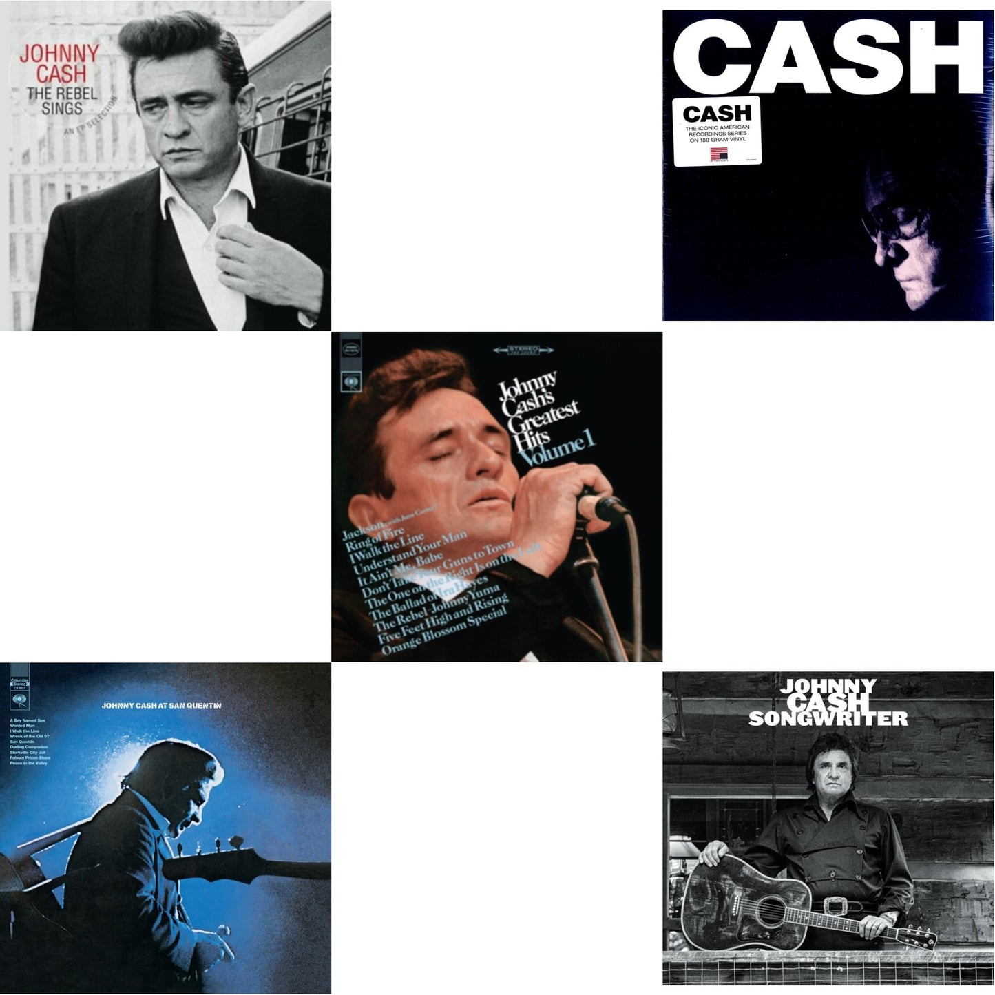 Johnny Cash - At San Quentin & Greatest Hits, Volume 1 & Songwriter & American Iv: The Man Comes Around & Rebel Sings (Crystal Clear & Solid Silver LP Vinyl)
