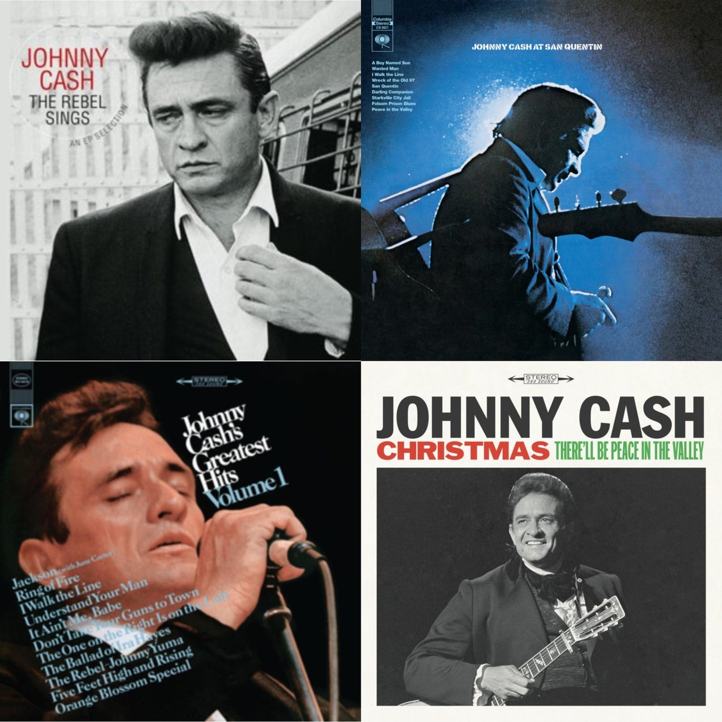 Johnny Cash - At San Quentin & Greatest Hits, Volume 1 & Rebel Sings (Crystal Clear & Solid Silver LP Vinyl) & Christmas: There'll Be Peace In The Valley