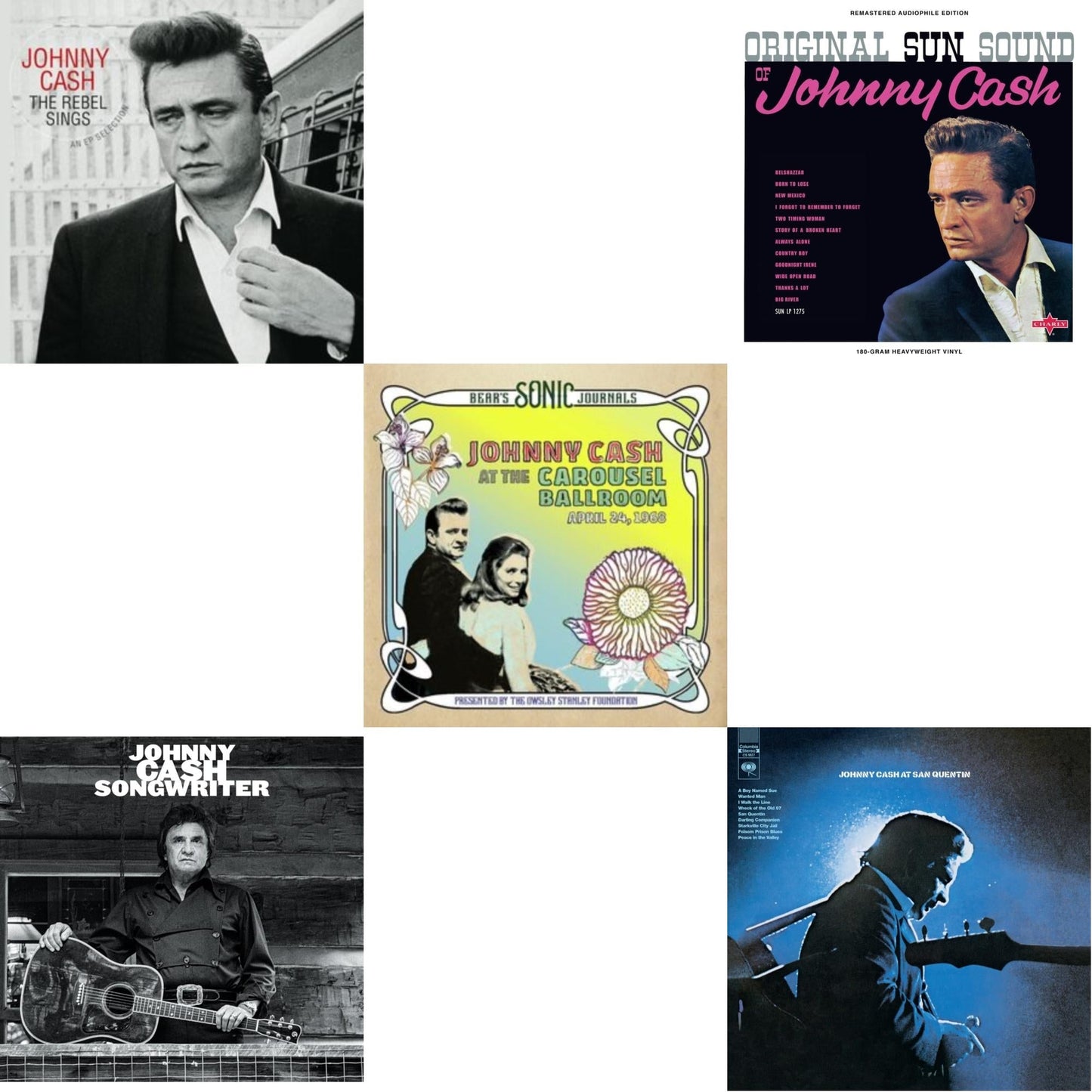 Johnny Cash - At San Quentin & Bear's Sonic Journals: Johnny Cash, At The Carousel Ballroom, April 24, 1968 (2LP) & Original Sun Sound Of Johnny Cash & Songwriter & Rebel Sings (Crystal Clear & Solid Silver LP Vinyl)