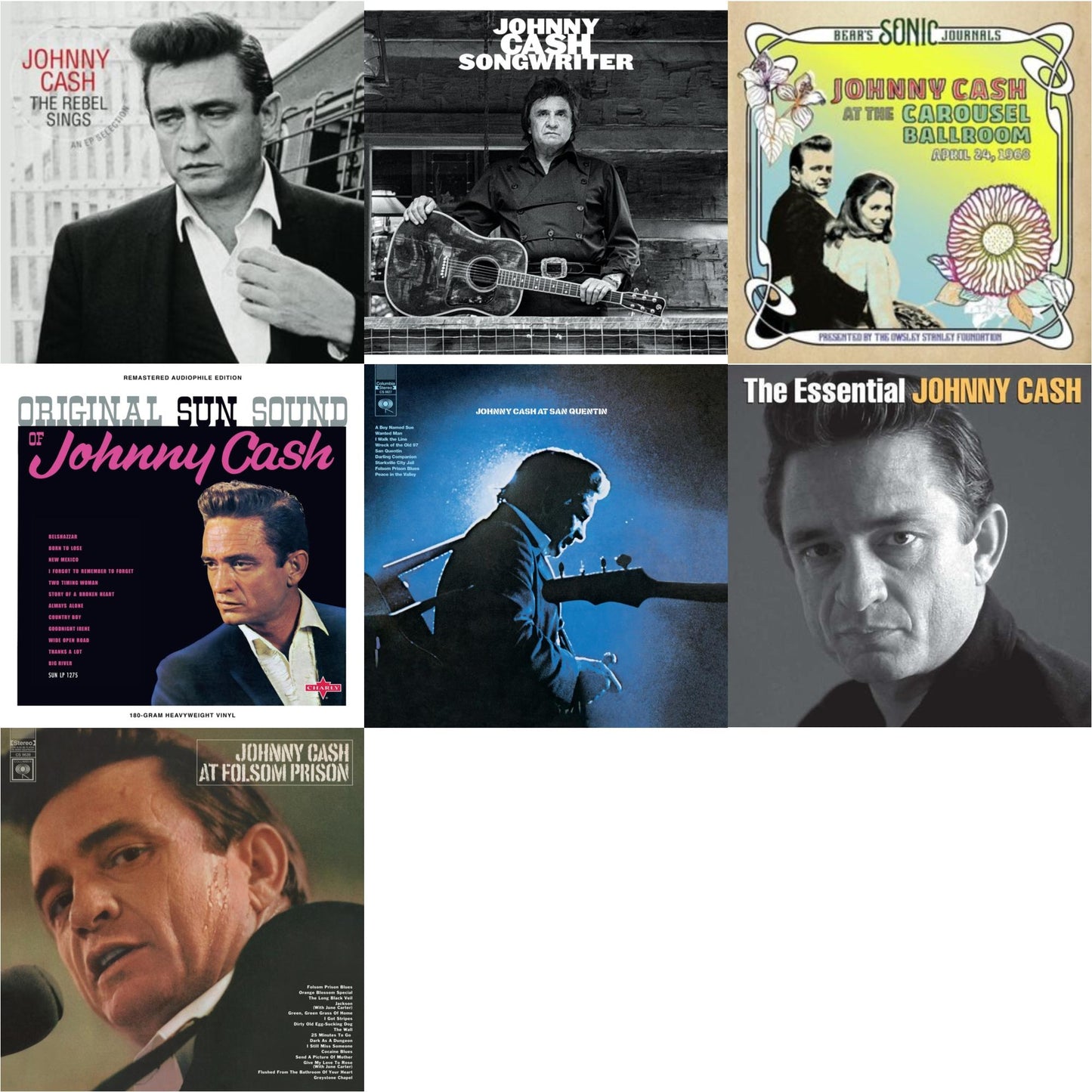 Johnny Cash - At Folsom Prison & At San Quentin & Bear's Sonic Journals: Johnny Cash, At The Carousel Ballroom, April 24, 1968 (2LP) & Original Sun Sound Of Johnny Cash & Songwriter & Rebel Sings (Crystal Clear & Solid Silver LP Vinyl) & Essential