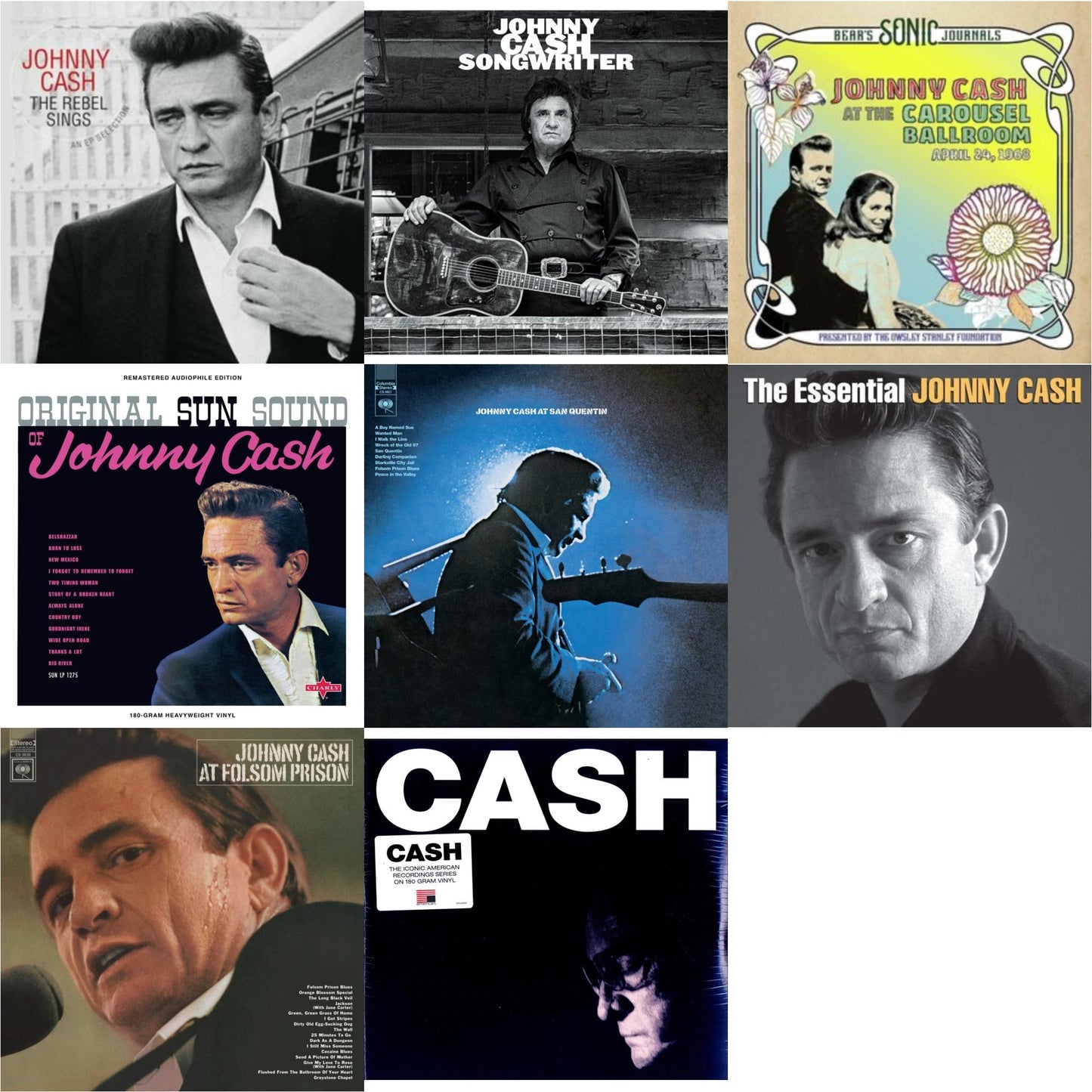Johnny Cash - At Folsom Prison & At San Quentin & Bear's Sonic Journals: Johnny Cash, At The Carousel Ballroom, April 24, 1968 (2LP) & Original Sun Sound Of Johnny Cash & Songwriter & American Iv: The Man Comes Around & Rebel Sings (Crystal Clear &
