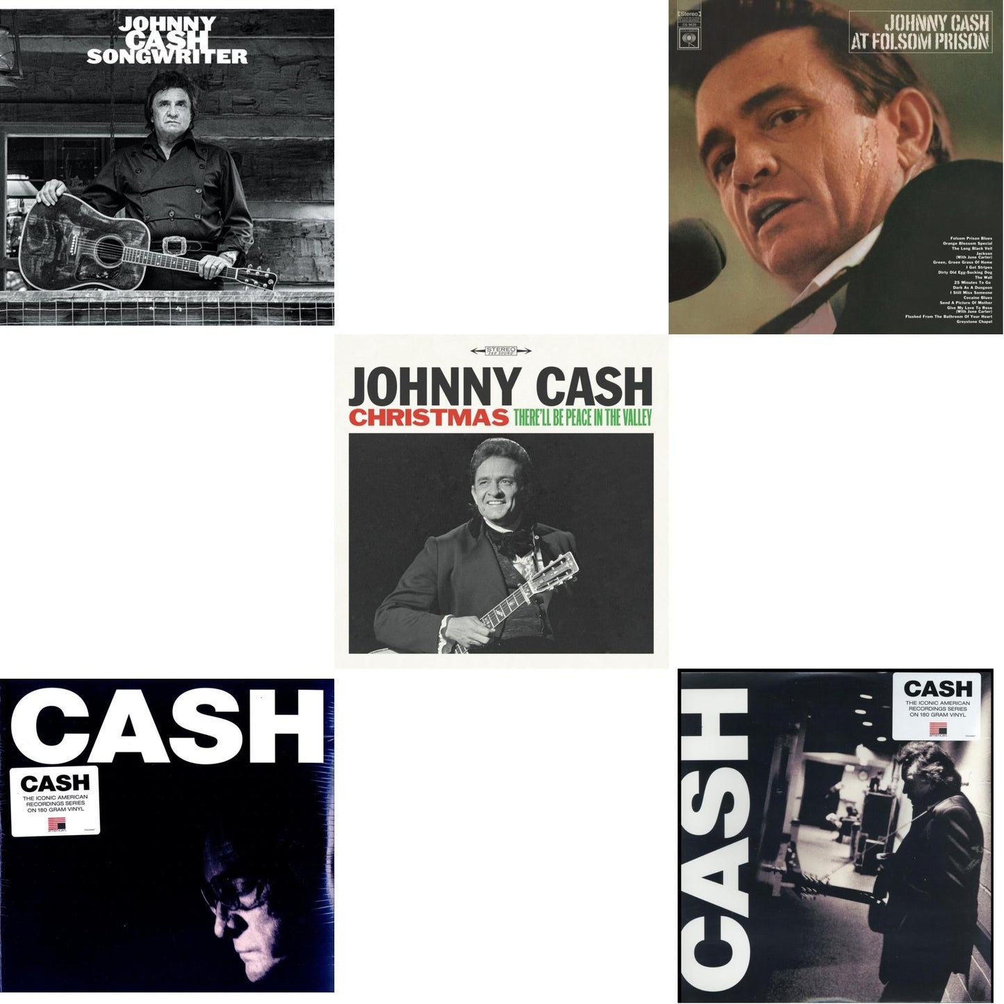 Johnny Cash - At Folsom Prison & Songwriter & American Iii: Soitary Man & American Iv: The Man Comes Around & Christmas: There'll Be Peace In The Valley - LP Vinyl Bundle