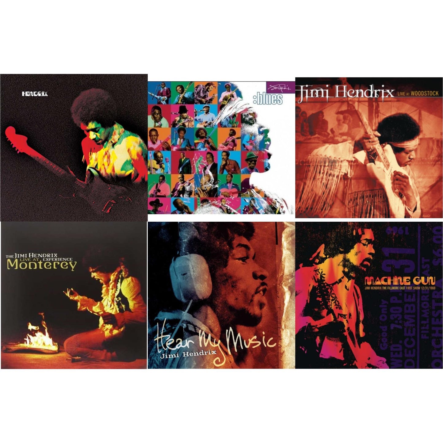 Jimi Hendrix - Band Of Gypsys (180G/50Th Anniversary/Booklet/Images/Essay By John Mcdermott/Poster) & Blues (2LP/180G/Gatefold) & Live At Woodstock & Live At Monterey (180G) & Hear My Music (2LP/Gatefold) (180G) & Machine Gun Jimi Hendrix The