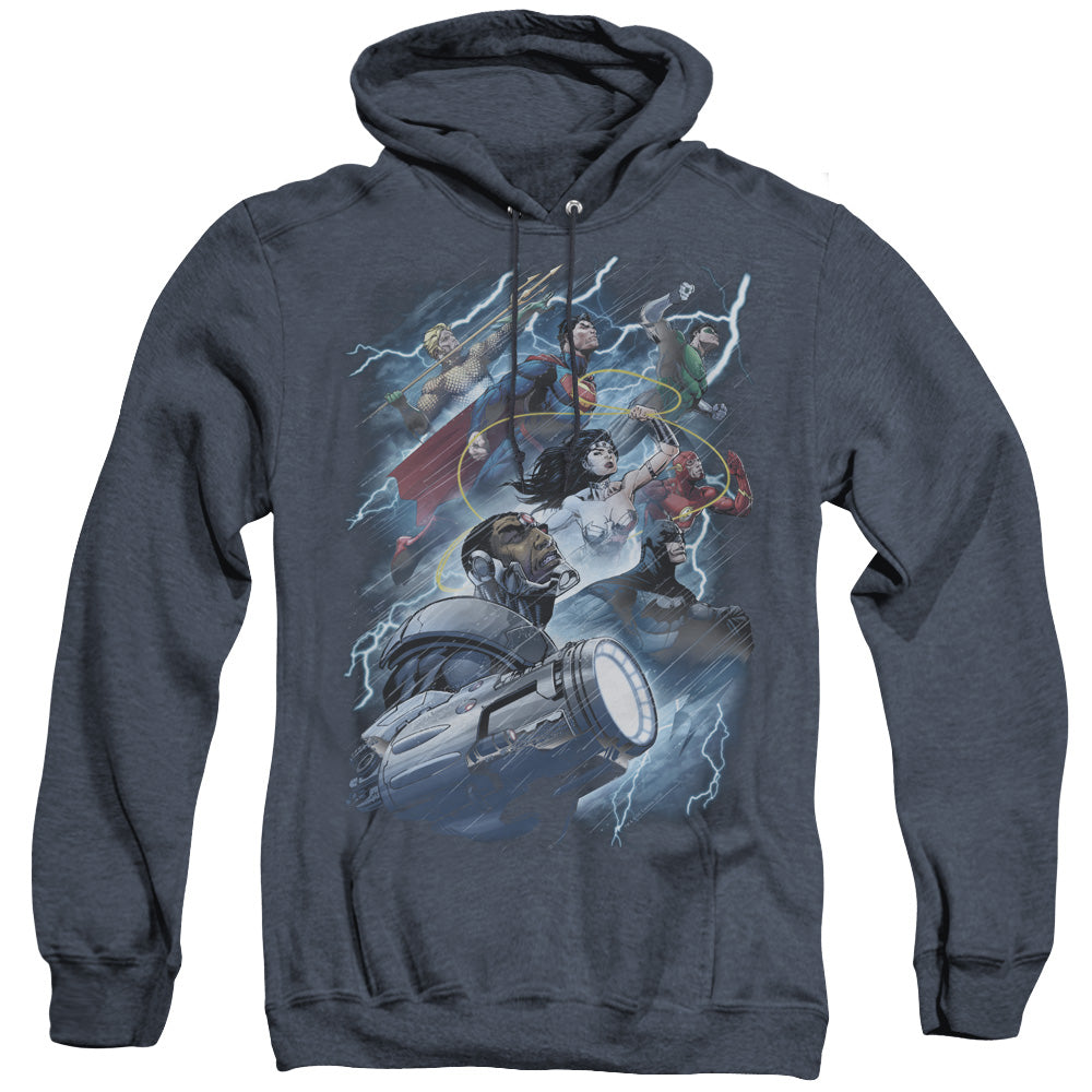 Justice League Of America Ride The Lightening Heather Mens Hoodie Navy Officially Licensed