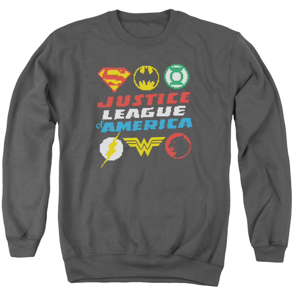 Justice League Of America Pixel Logos Mens Crewneck Sweatshirt Charcoal Officially Licensed