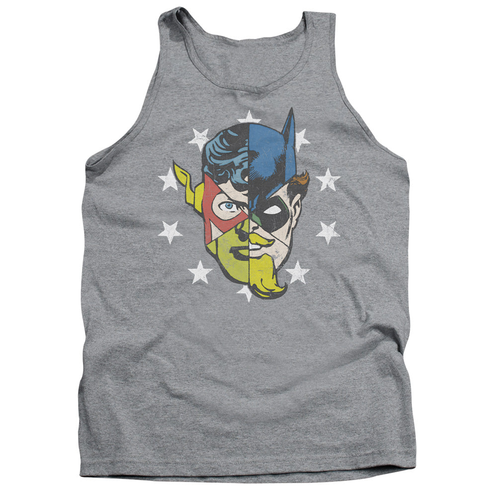 Justice League Face Off Mens Tank Top Shirt Athletic Heather Officially Licensed
