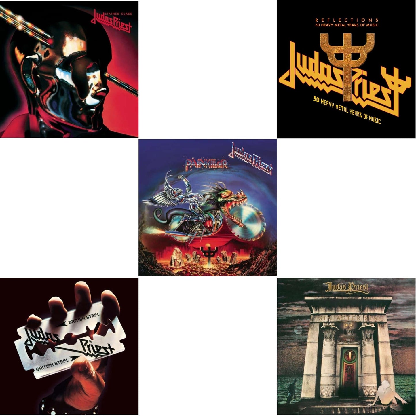 Judas Priest - Stained Class (180G/Dl Card) & British Steel (180G)(Dl Code) & Painkiller (180G/Dl Card) & Reflections - 50 Heavy Metal Years Of Music (2LP/180G/Red Vinyl) & Sin After Sin (180G/Dl Card)