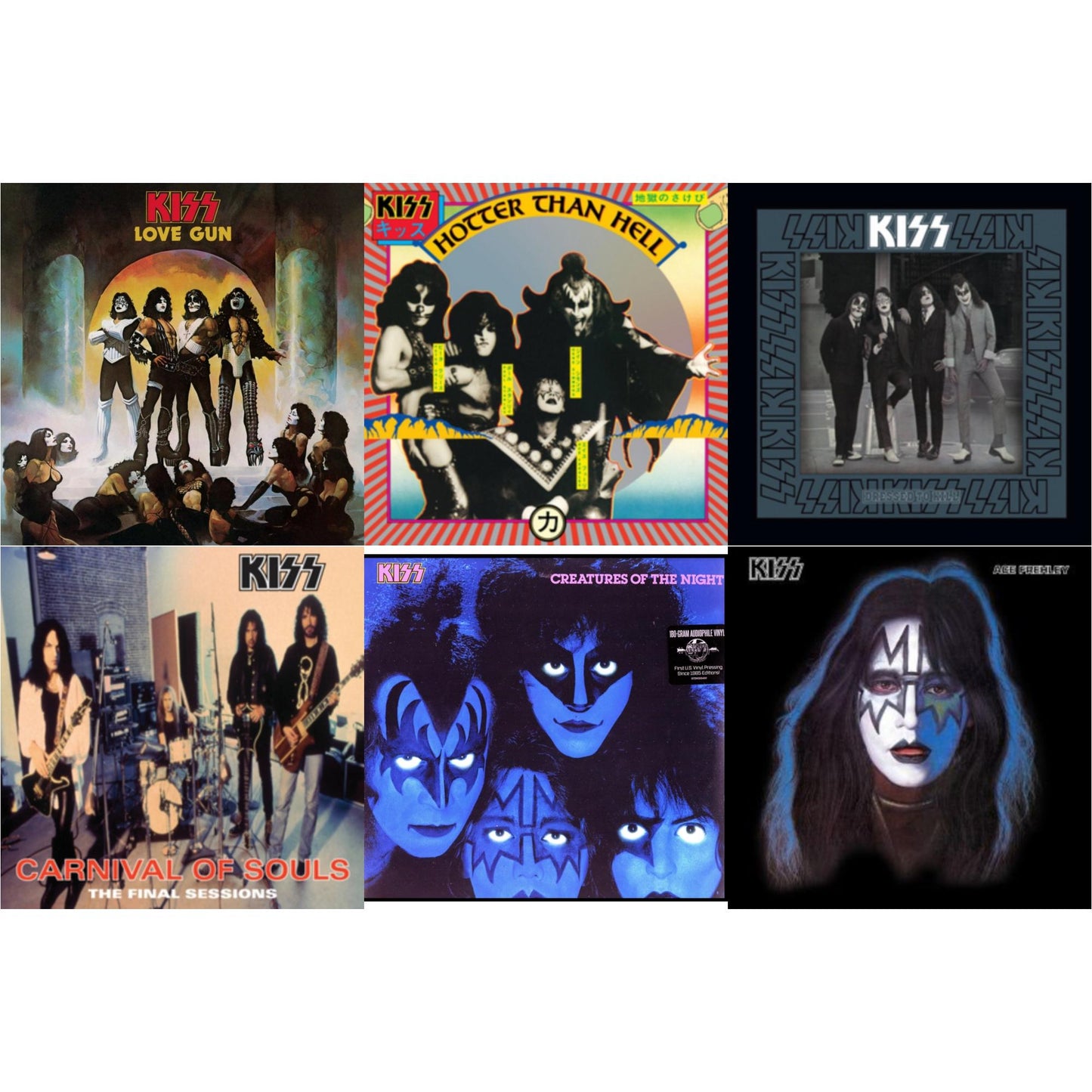 Kiss - Love Gun (Tangerine/Aqua Splatter LP Vinyl) & Hotter Than Hell & Dressed To Kill & Carnival Of Souls & Creatures Of Night & Ace Frehley