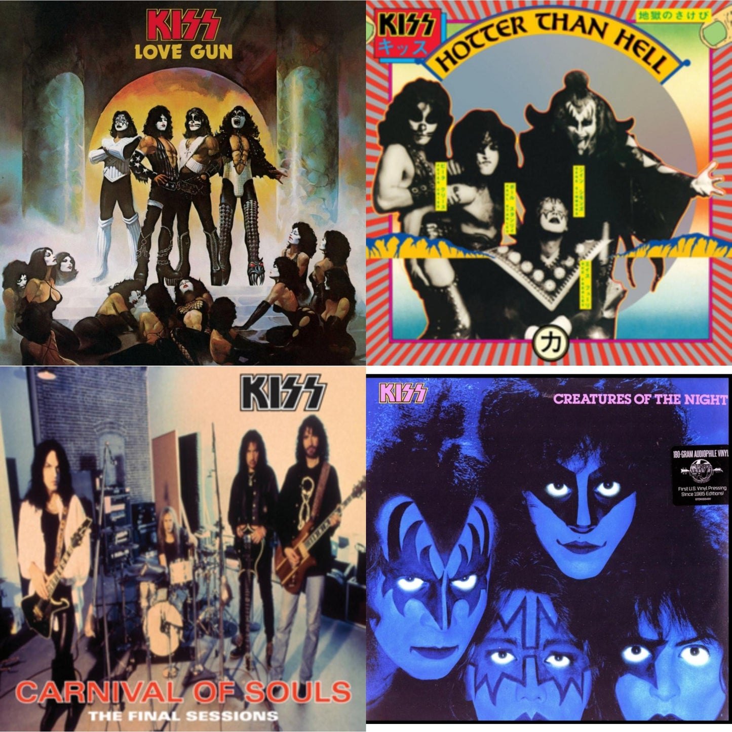 Kiss - Love Gun (Tangerine/Aqua Splatter LP Vinyl) & Hotter Than Hell & Carnival Of Souls & Creatures Of Night